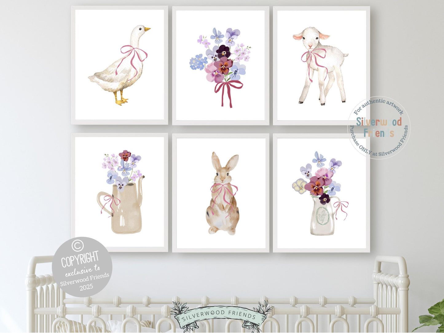 Baby Farm Animal Nursery Prints, Baby Girl Pink Floral Farmyard Nursery Decor, Pink and Purple Wildflower Nursery Wall Art Digital Prints