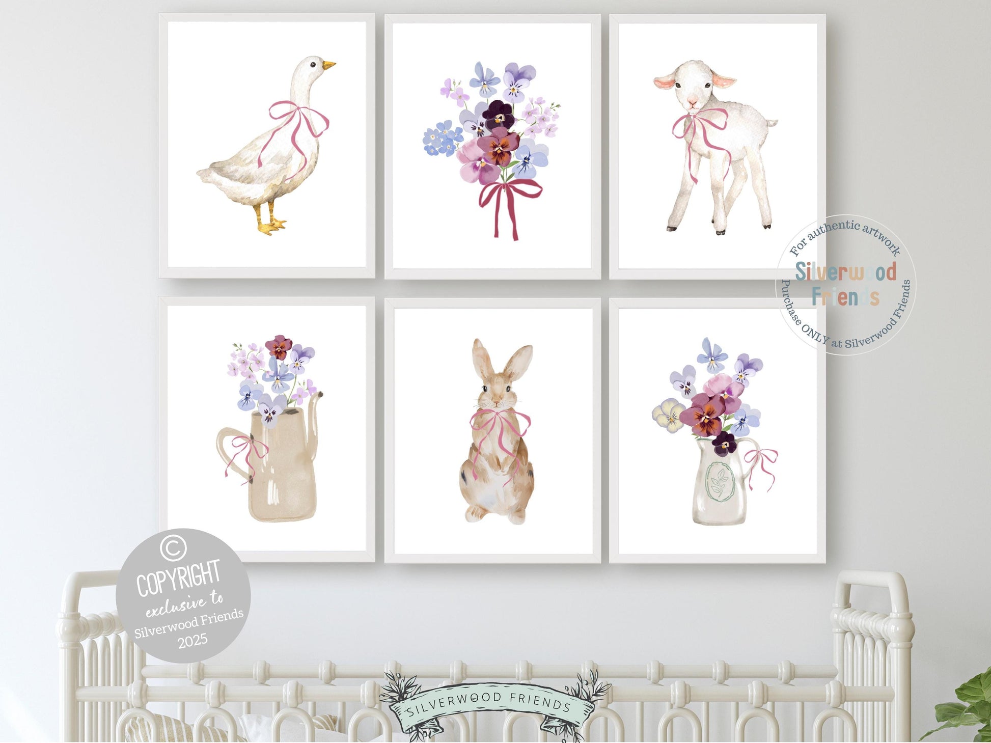 Baby Farm Animal Nursery Prints, Baby Girl Pink Floral Farmyard Nursery Decor, Pink and Purple Wildflower Nursery Wall Art Digital Prints