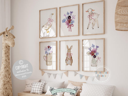 Add a splash of rustic charm and playful whimsy to your space with our adorable set of 6 baby farm animal nursery prints! Featuring sweet watercolor animals—duck, lamb and bunny—with adorable pink and purple florals, this versatile collection is perfect for nursery decor, farmhouse mudroom wall art, and makes an irresistibly cute farm baby shower gift.