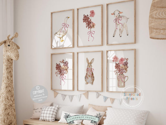 Add a splash of rustic charm and playful whimsy to your space with our adorable set of 6 baby farm animal nursery prints! Featuring sweet watercolor animals—duck, lamb and bunny—with adorable pink florals, this versatile collection is perfect for nursery decor, farmhouse mudroom wall art, and makes an irresistibly cute farm baby shower gift.
