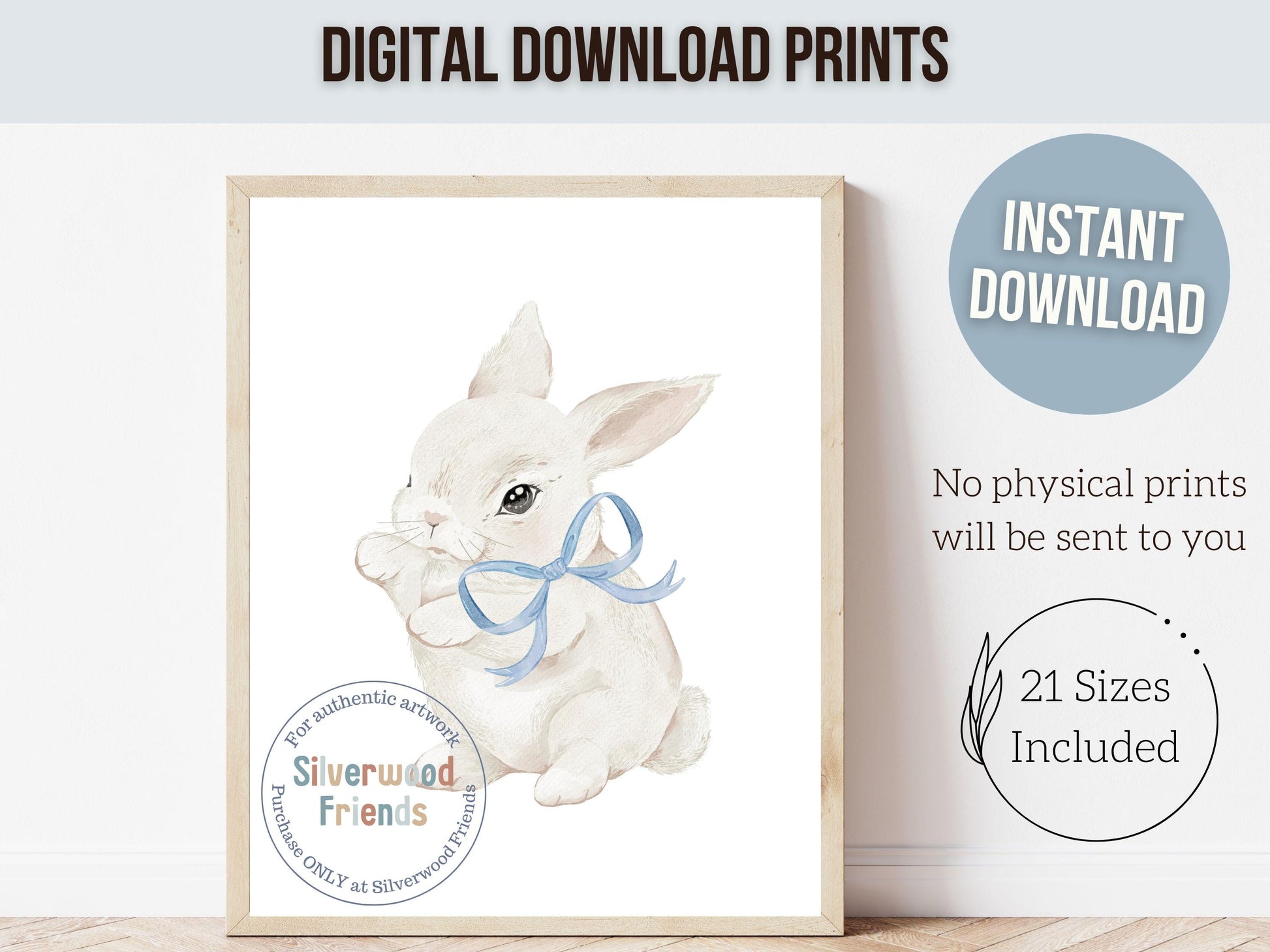 Blue Bunny Nursery Prints, Baby Boy Blue Woodland Bunny Nursery Decor, Printable Nursery Wall Art, Easter Decor Poster, Spring Digital Print