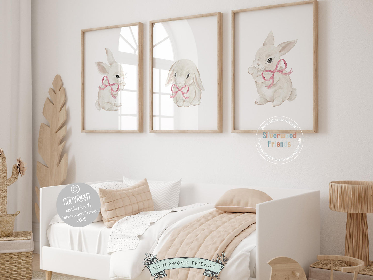 Our delightful minimalist Set of 3 Bunny Nursery Prints features adorable bunny rabbits in pink bows. Perfect for your baby girl&#39;s woodland nursery decor and also makes a unique baby shower gift.