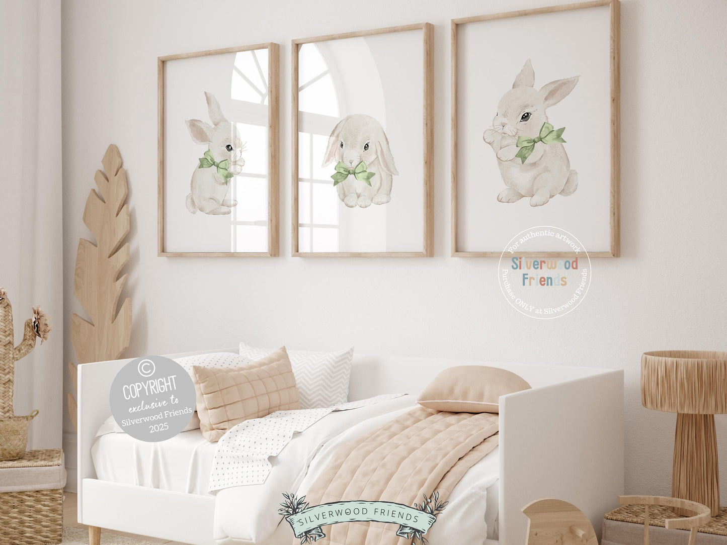 Our delightful minimalist Set of 3 Bunny Nursery Prints features adorable bunny rabbits in sage green bows. Perfect for your baby&#39;s woodland nursery decor and also makes a unique gender neutral baby shower gift.
