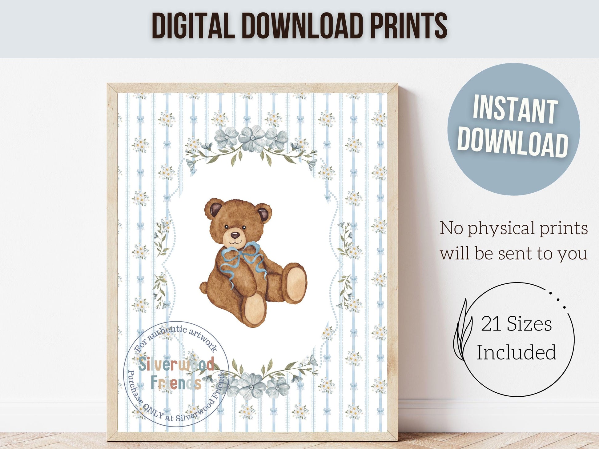 Vintage Woodland Bear Nursery Prints, Floral Woodland Bear Nursery Decor, Baby Bear Nursery Wall Art, Vintage Bear Bedroom Digital Print