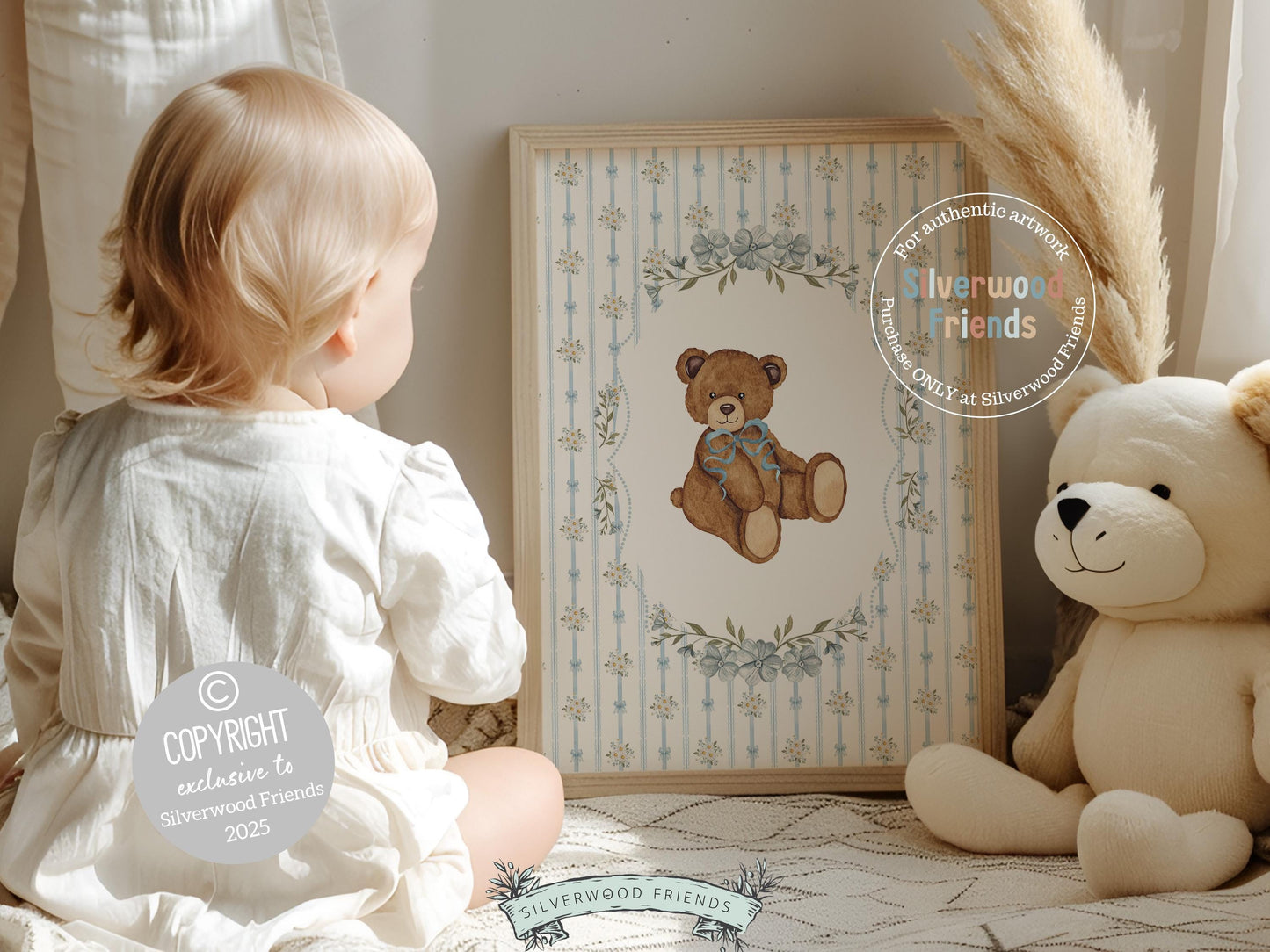 Vintage Woodland Bear Nursery Prints, Floral Woodland Bear Nursery Decor, Baby Bear Nursery Wall Art, Vintage Bear Bedroom Digital Print