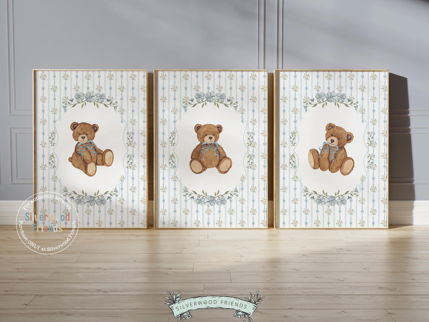 Vintage Woodland Bear Nursery Prints, Floral Woodland Bear Nursery Decor, Baby Bear Nursery Wall Art, Vintage Bear Bedroom Digital Print
