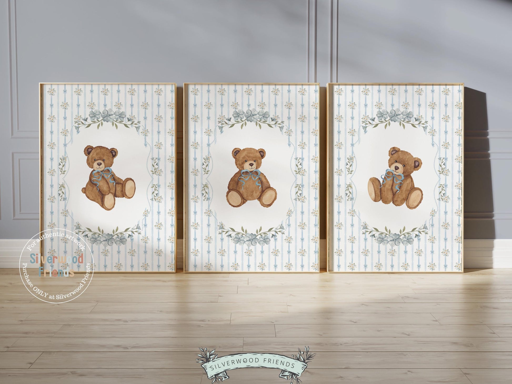 Vintage Woodland Bear Nursery Prints, Floral Woodland Bear Nursery Decor, Baby Bear Nursery Wall Art, Vintage Bear Bedroom Digital Print
