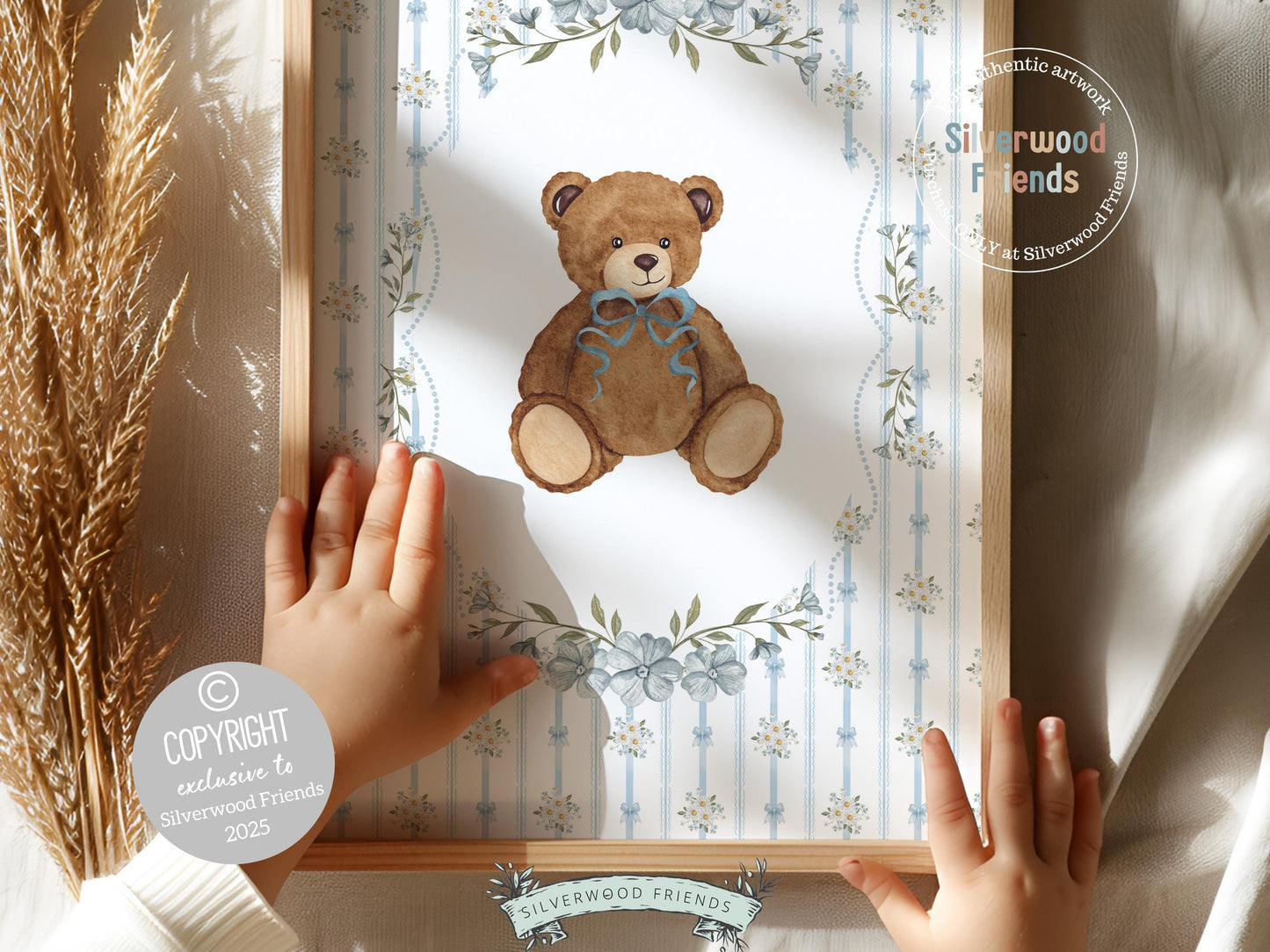 Vintage Woodland Bear Nursery Prints, Floral Woodland Bear Nursery Decor, Baby Bear Nursery Wall Art, Vintage Bear Bedroom Digital Print