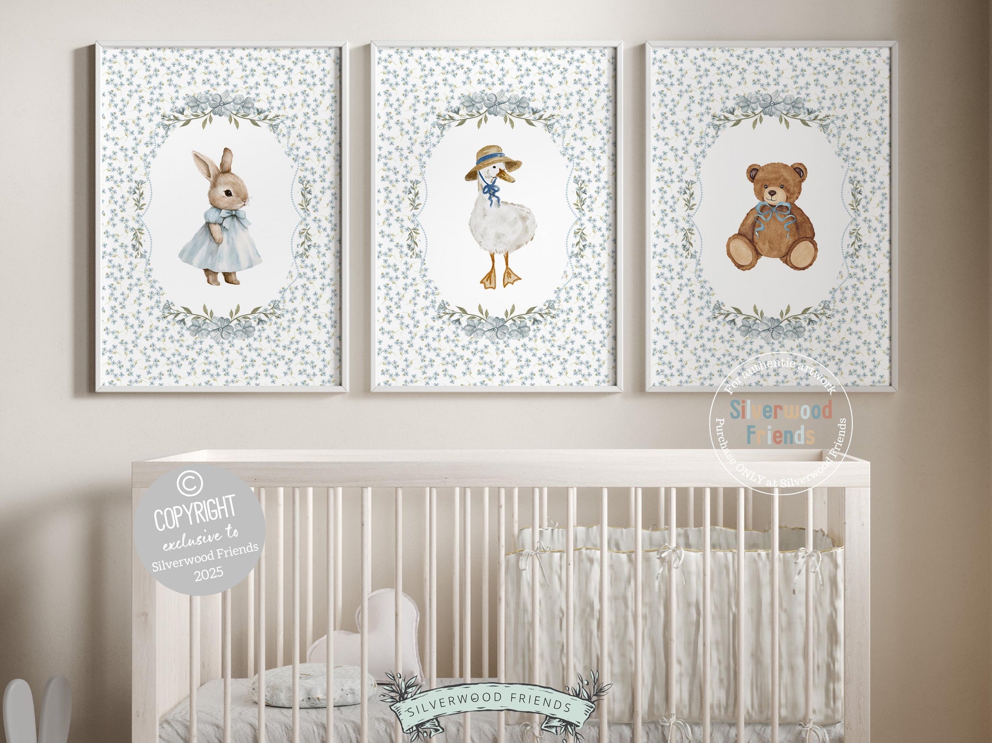 Vintage Woodland Animal Nursery Prints, Floral Woodland Bunny Nursery Decor, Baby Bear Nursery Wall Art, Vintage Duck Nursery Digital Print