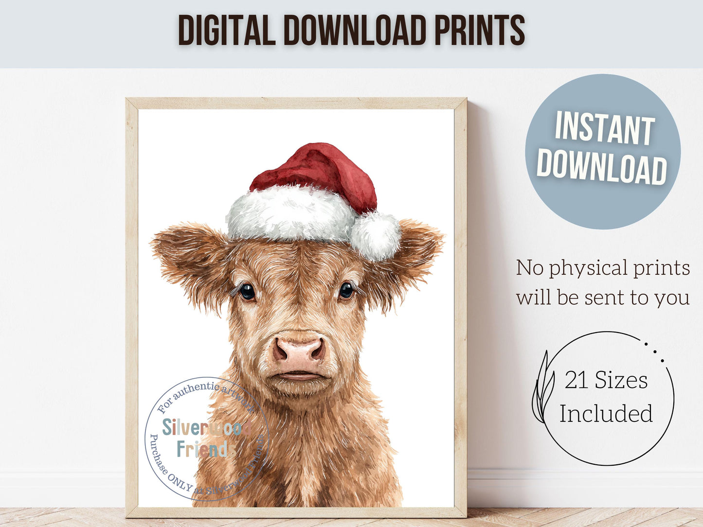Christmas Highland Cow Print, Baby Highland Cow Christmas Decor, Christmas Printable Wall Art, Rustic Farmhouse Christmas Cow Digital Print