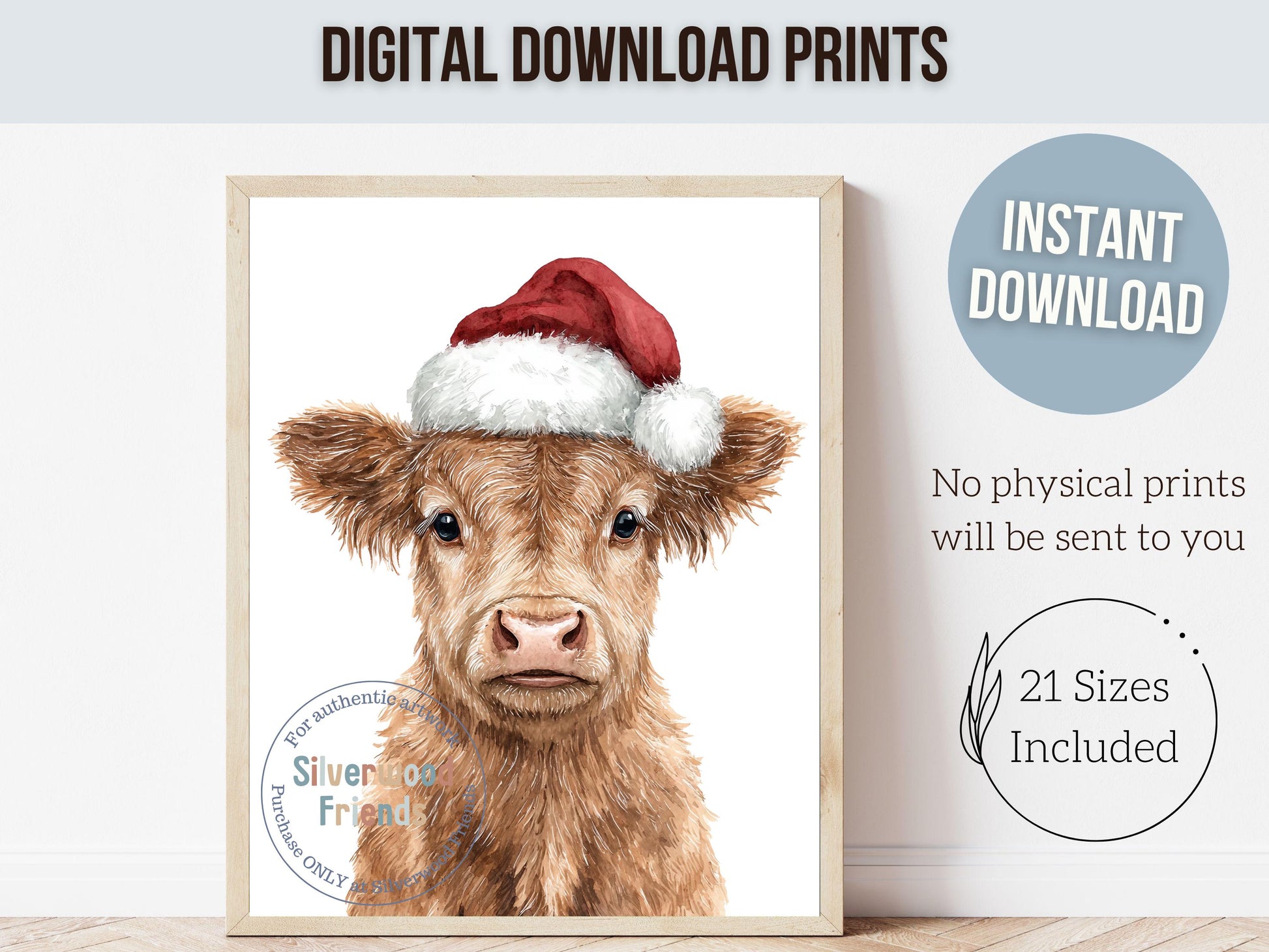Christmas Highland Cow Print, Baby Highland Cow Christmas Decor, Christmas Printable Wall Art, Rustic Farmhouse Christmas Cow Digital Print