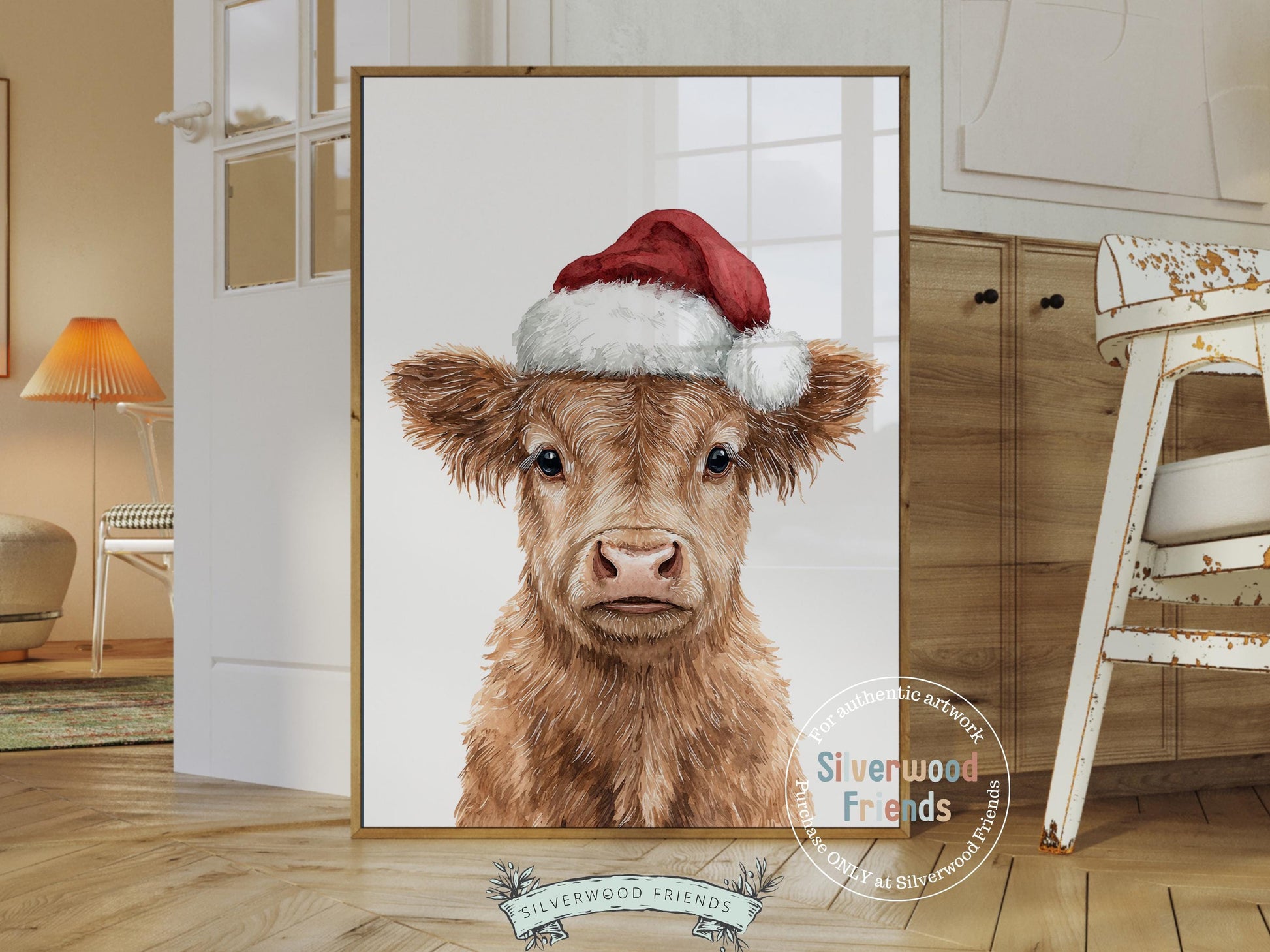 Christmas Highland Cow Print, Baby Highland Cow Christmas Decor, Christmas Printable Wall Art, Rustic Farmhouse Christmas Cow Digital Print