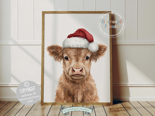 Our Highland Cow Christmas Print features an adorable baby Highland cow with a red Christmas hat on a white background. Perfect for kids’ rooms, farmhouse décor, or as a delightful seasonal gift for Christmas lovers of all ages!