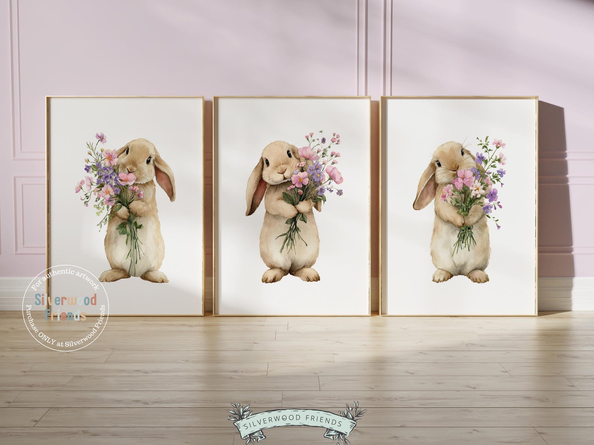 Floral Bunny Nursery Prints, Baby Girl Woodland Rabbit Nursery Wall Art, Spring and Easter Decor, Wildflower Bouquet Poster Digital Print