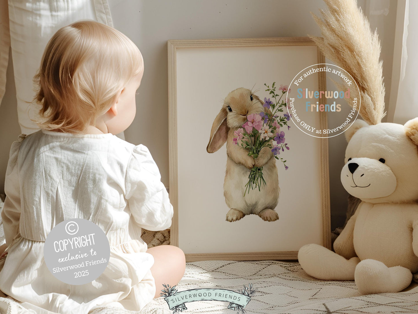 Floral Bunny Nursery Prints, Baby Girl Woodland Rabbit Nursery Wall Art, Spring and Easter Decor, Wildflower Bouquet Poster Digital Print