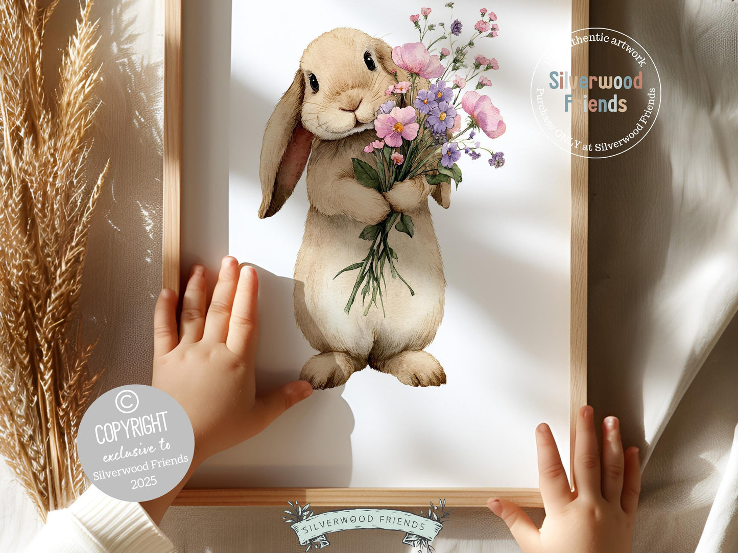 Floral Bunny Nursery Prints, Baby Girl Woodland Rabbit Nursery Wall Art, Spring and Easter Decor, Wildflower Bouquet Poster Digital Print