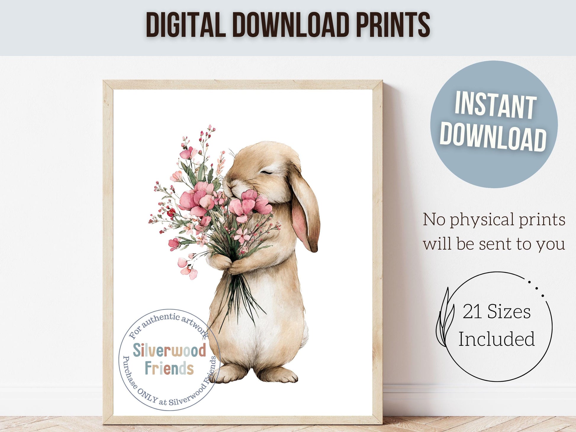 Floral Bunny Nursery Prints, Baby Girl Woodland Rabbit Nursery Wall Art, Wildflower Digital Print