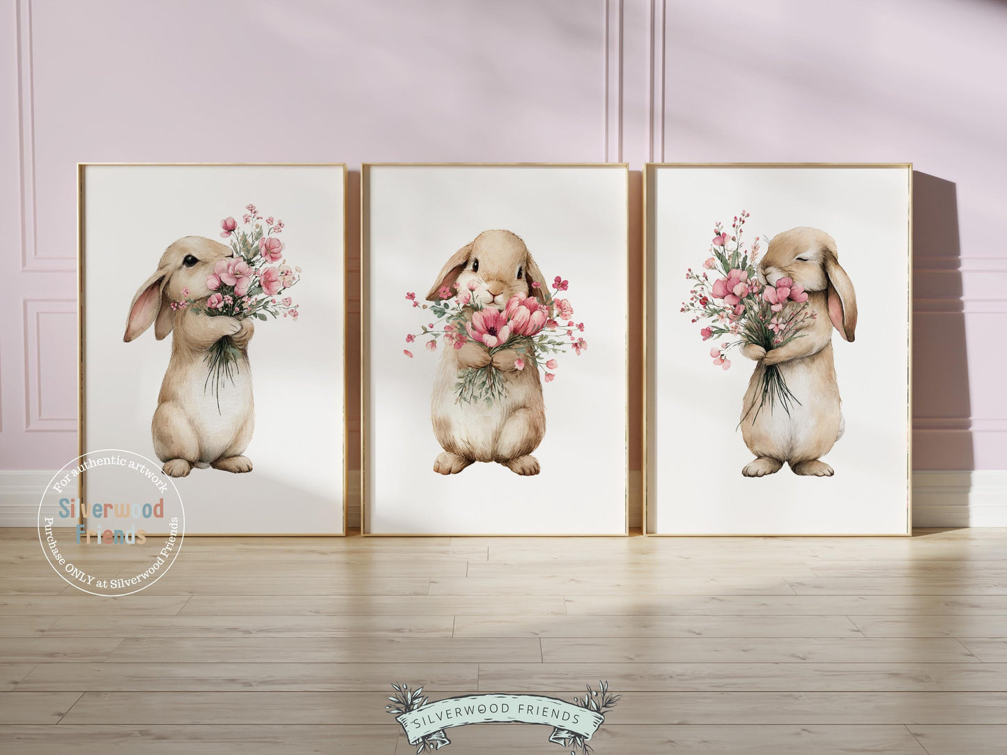 Floral Bunny Nursery Prints, Baby Girl Woodland Rabbit Nursery Wall Art, Wildflower Digital Print