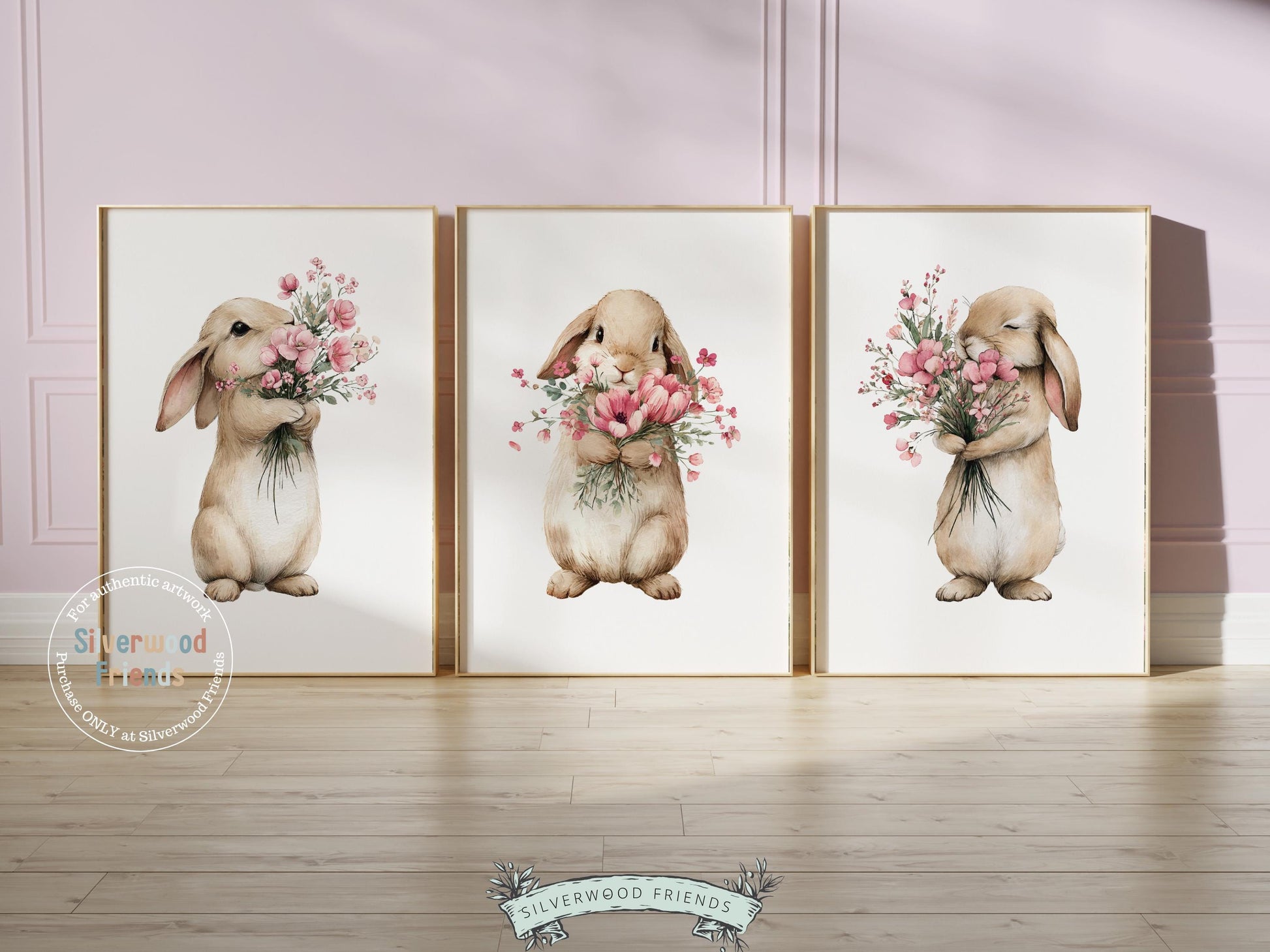 Floral Bunny Nursery Prints, Baby Girl Woodland Rabbit Nursery Wall Art, Wildflower Digital Print