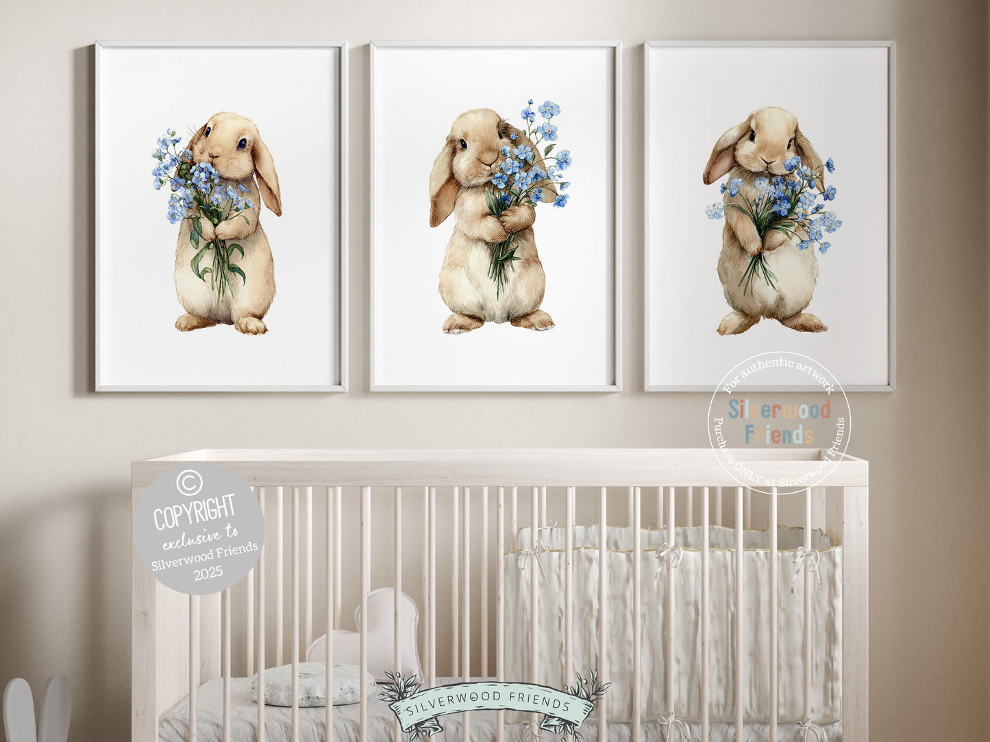 Floral Bunny Nursery Prints, Woodland Rabbit Nursery Wall Art, Blue Wildflower Bouquet Digital Print