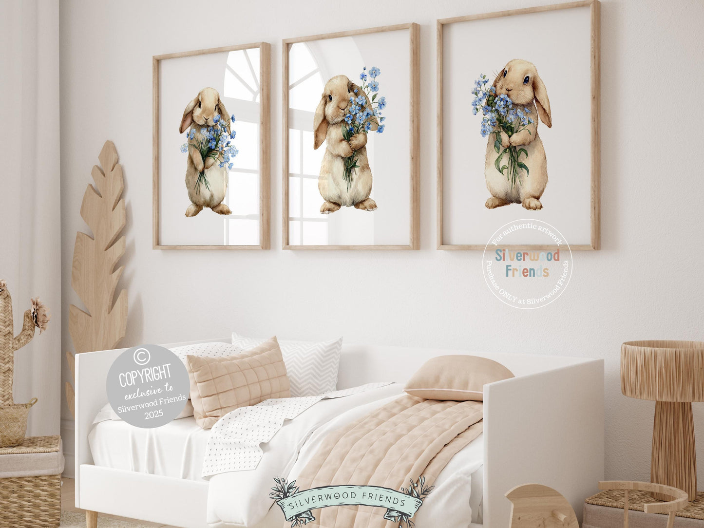Our delightful Set of 3 Bunny Nursery Prints features adorable bunny rabbits with blue wildflower bouquets. Perfect for your baby's floral woodland nursery decor and also makes a unique baby shower gift.