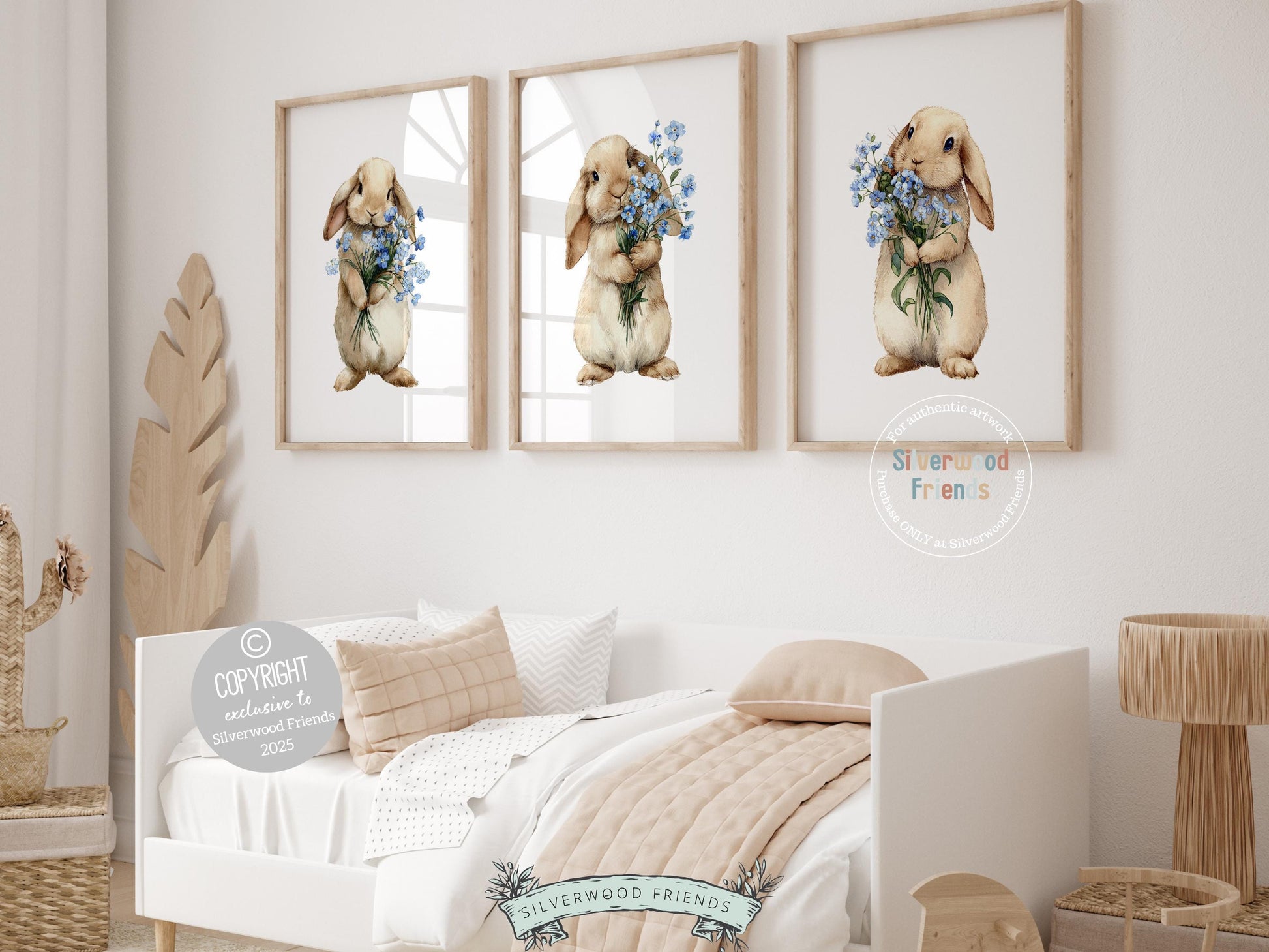 Our delightful Set of 3 Bunny Nursery Prints features adorable bunny rabbits with blue wildflower bouquets. Perfect for your baby's floral woodland nursery decor and also makes a unique baby shower gift.