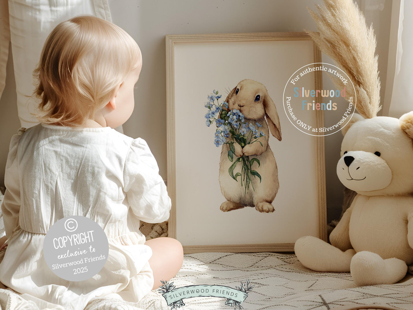 Floral Bunny Nursery Prints, Woodland Rabbit Nursery Wall Art, Blue Wildflower Bouquet Digital Print