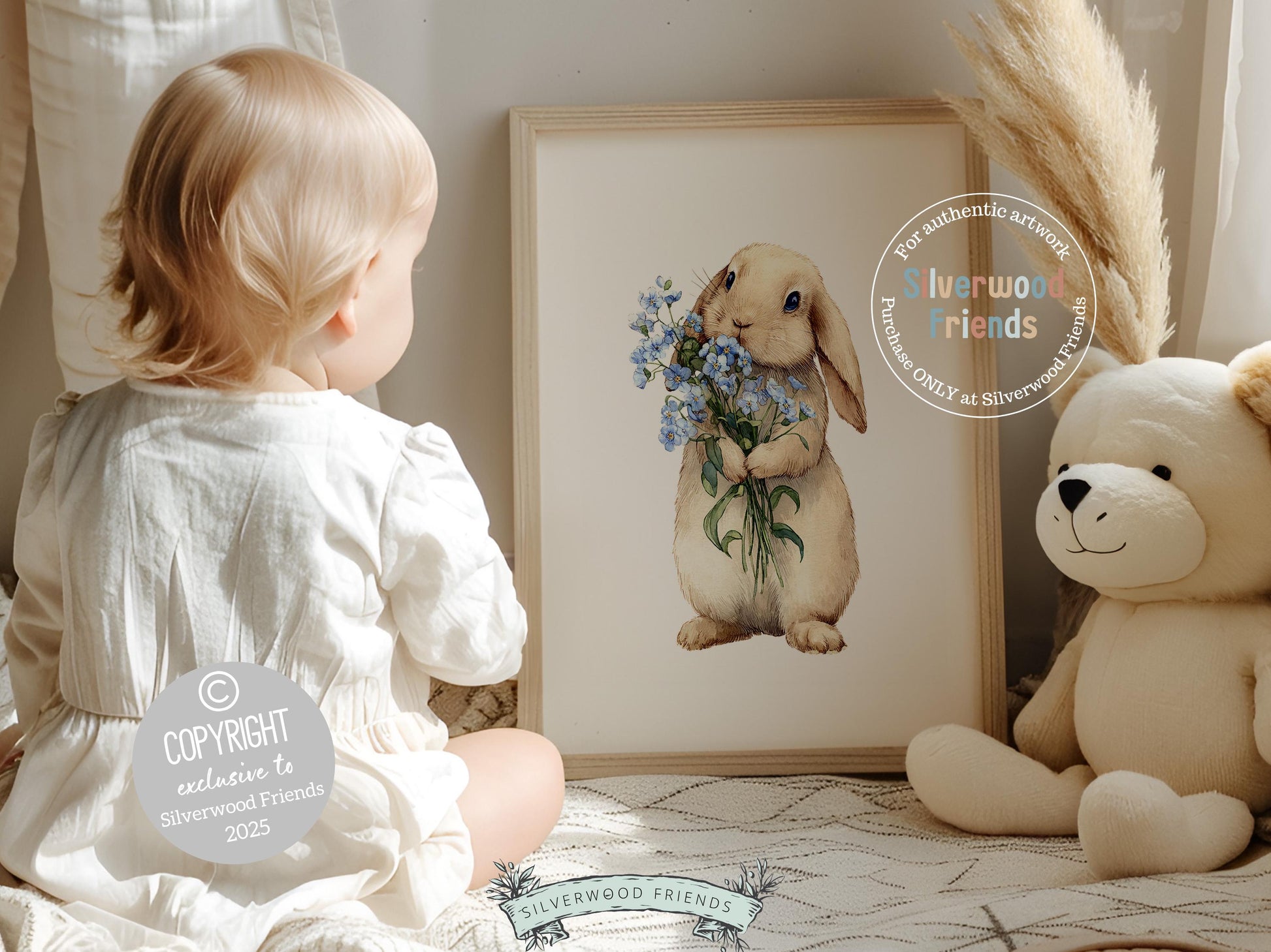 Floral Bunny Nursery Prints, Woodland Rabbit Nursery Wall Art, Blue Wildflower Bouquet Digital Print