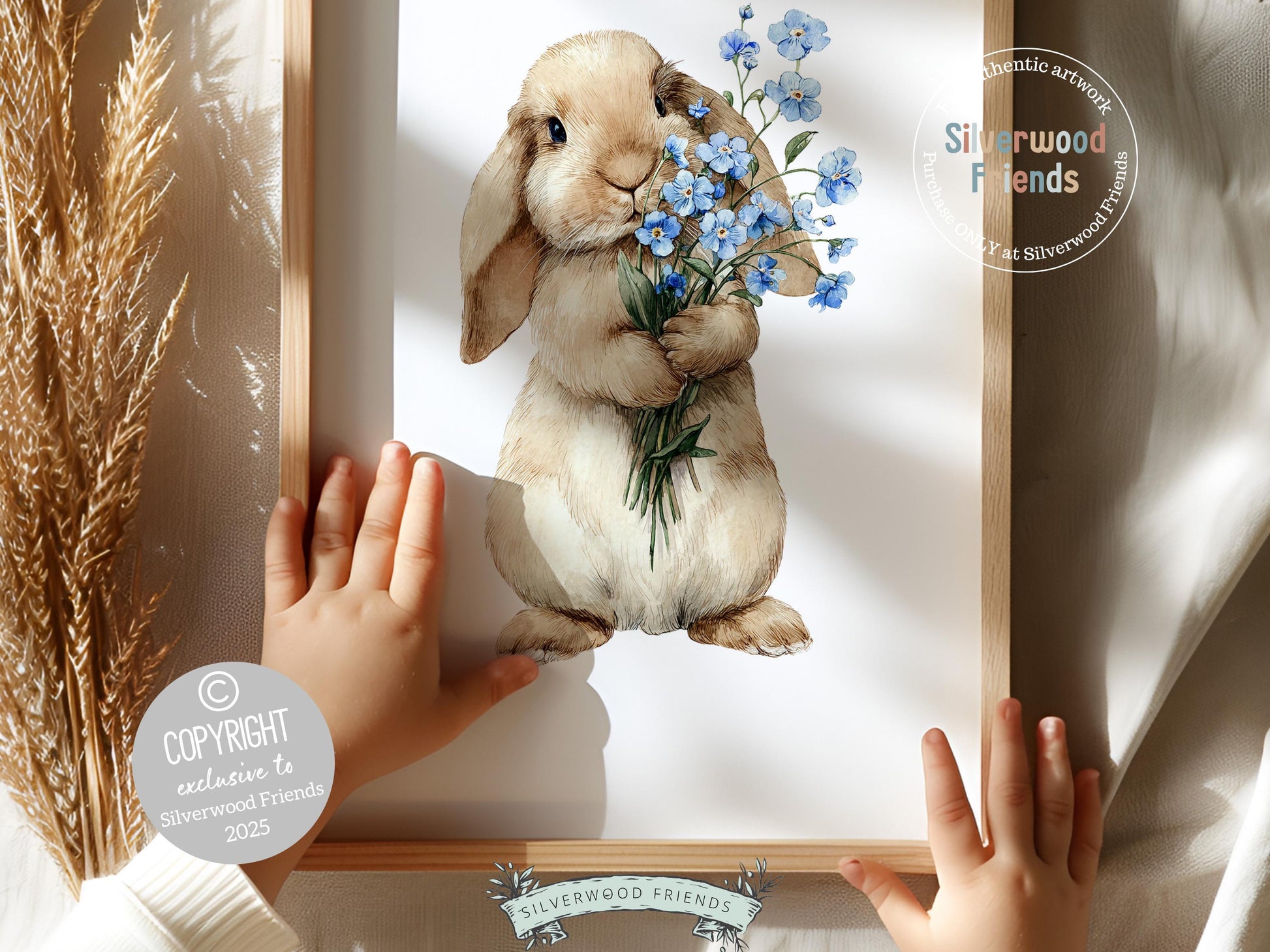 Floral Bunny Nursery Prints, Woodland Rabbit Nursery Wall Art, Blue Wildflower Bouquet Digital Print