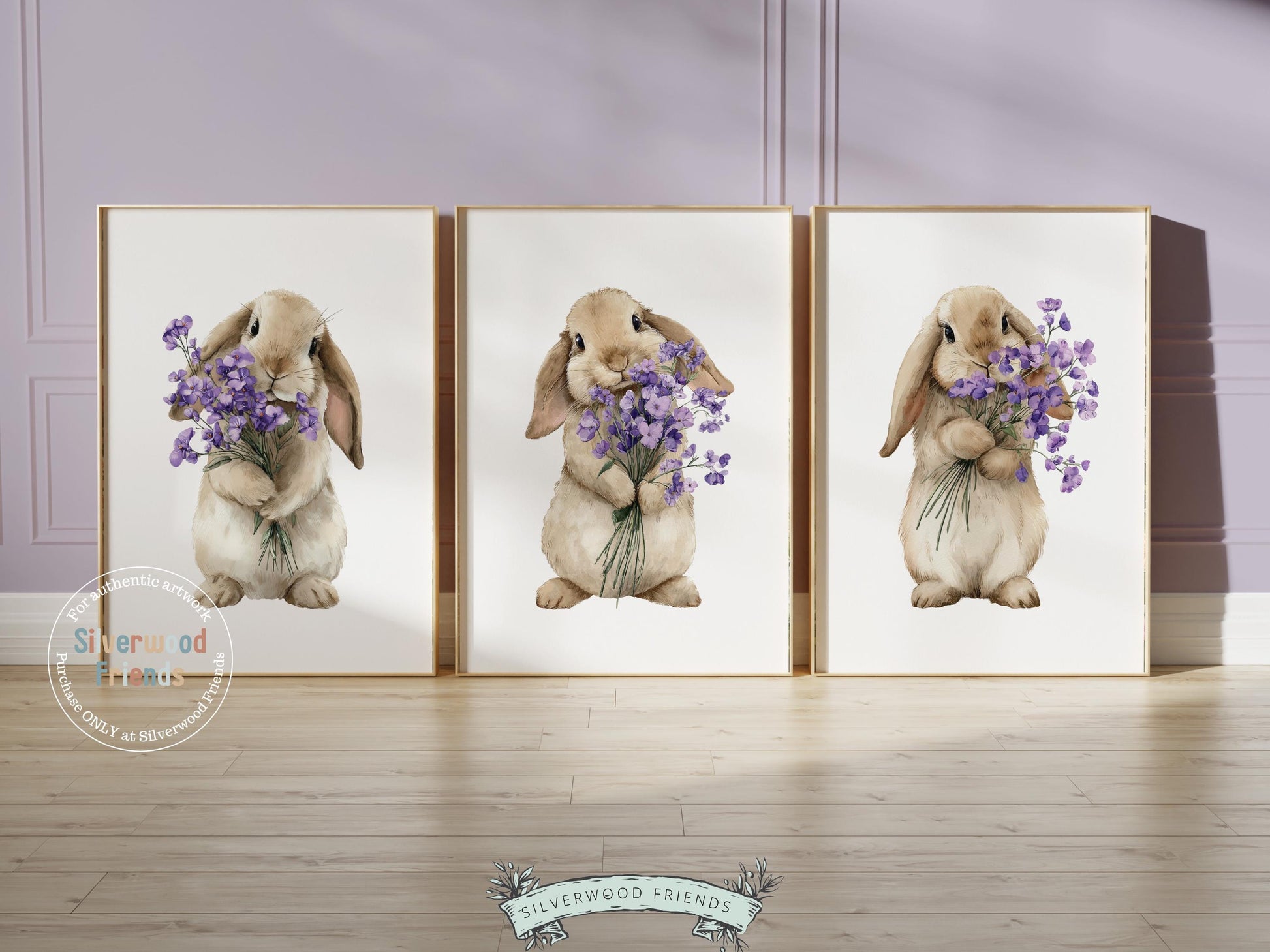 Floral Bunny Nursery Prints, Baby Girl Woodland Rabbit Nursery Wall Art, Purple Wildflower Bouquet Poster Digital Print
