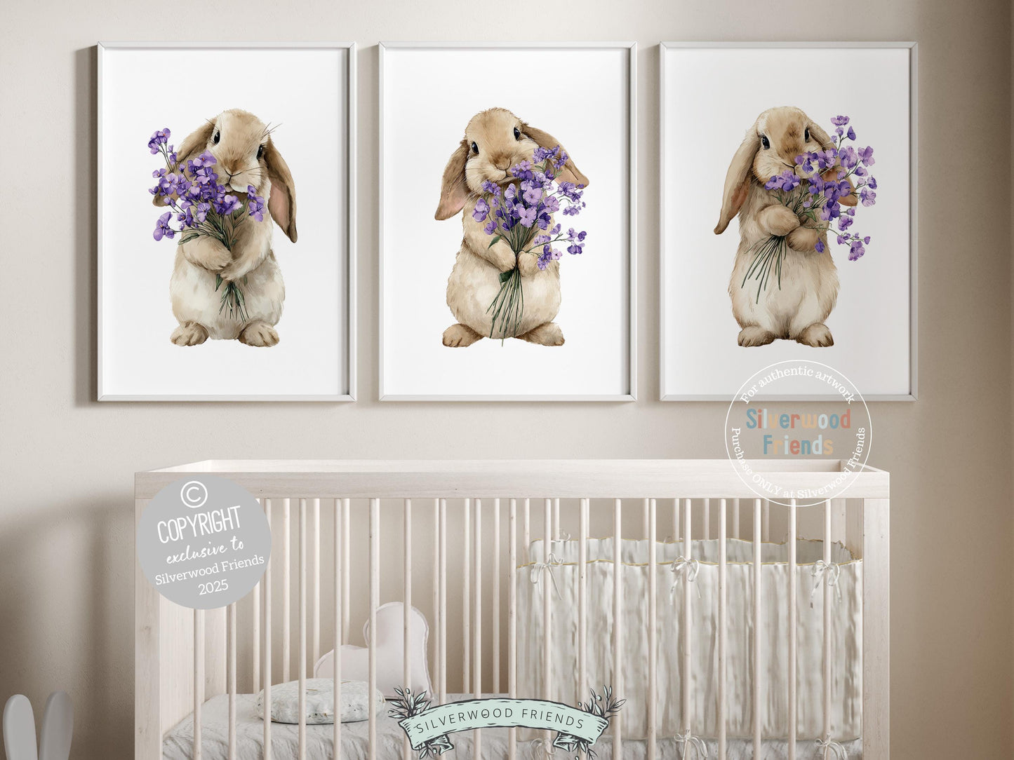 Floral Bunny Nursery Prints, Baby Girl Woodland Rabbit Nursery Wall Art, Purple Wildflower Bouquet Poster Digital Print
