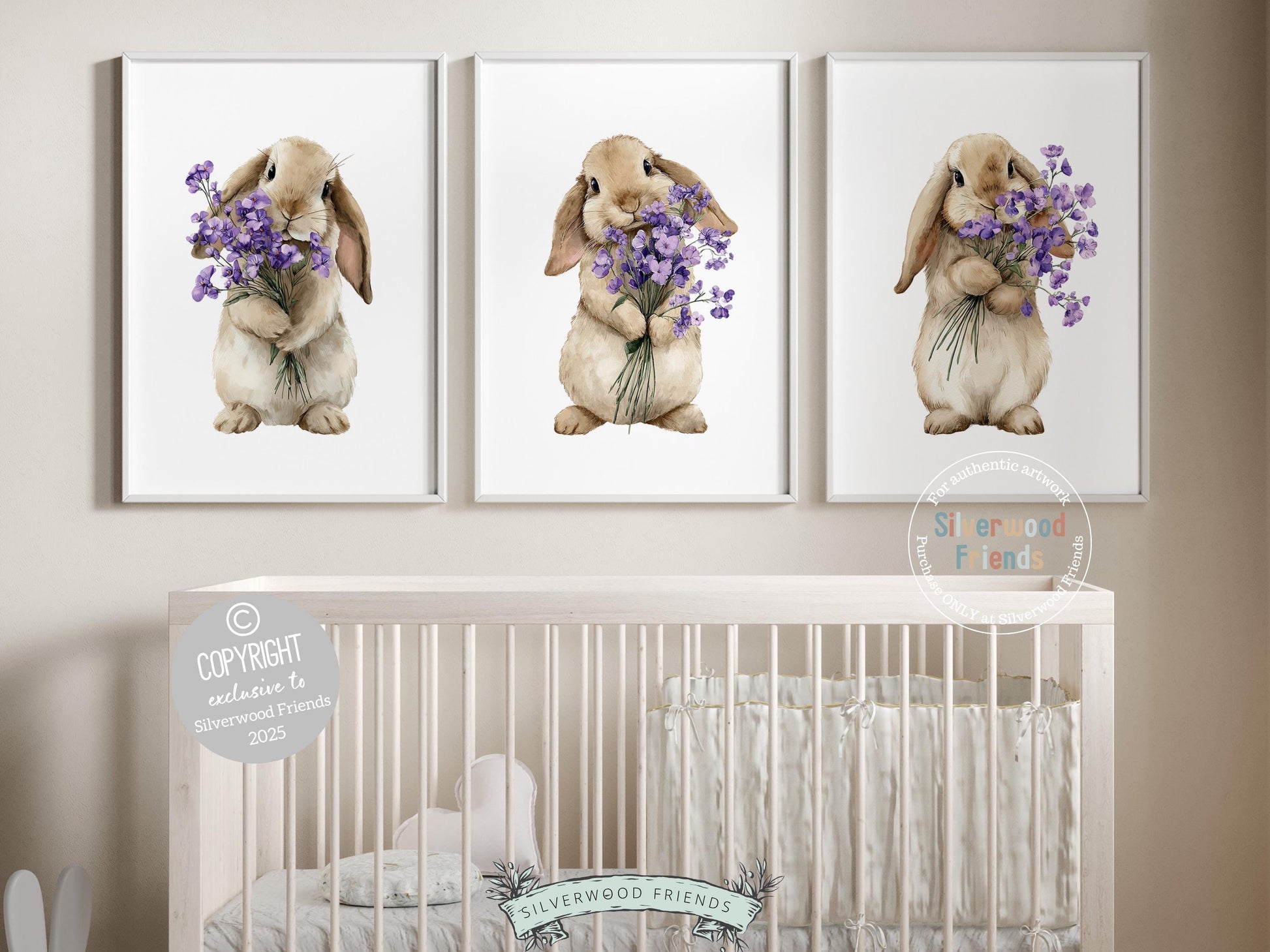 Floral Bunny Nursery Prints, Baby Girl Woodland Rabbit Nursery Wall Art, Purple Wildflower Bouquet Poster Digital Print