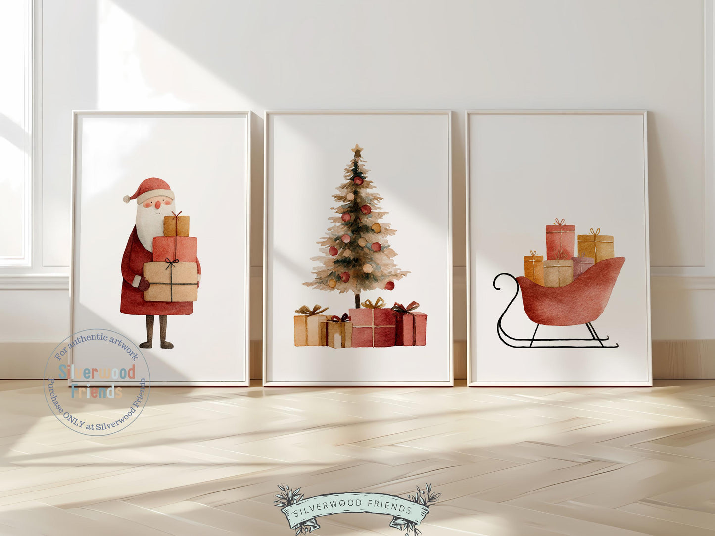Set of 3 Christmas Prints, Watercolour Santa Sleigh Printable Wall Art, Festive Christmas Tree Holiday Decor Digital Print