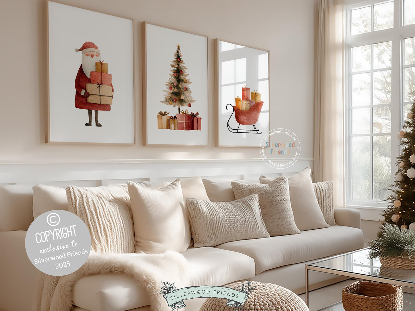 Set of 3 Christmas Prints, Watercolour Santa Sleigh Printable Wall Art, Festive Christmas Tree Holiday Decor Digital Print