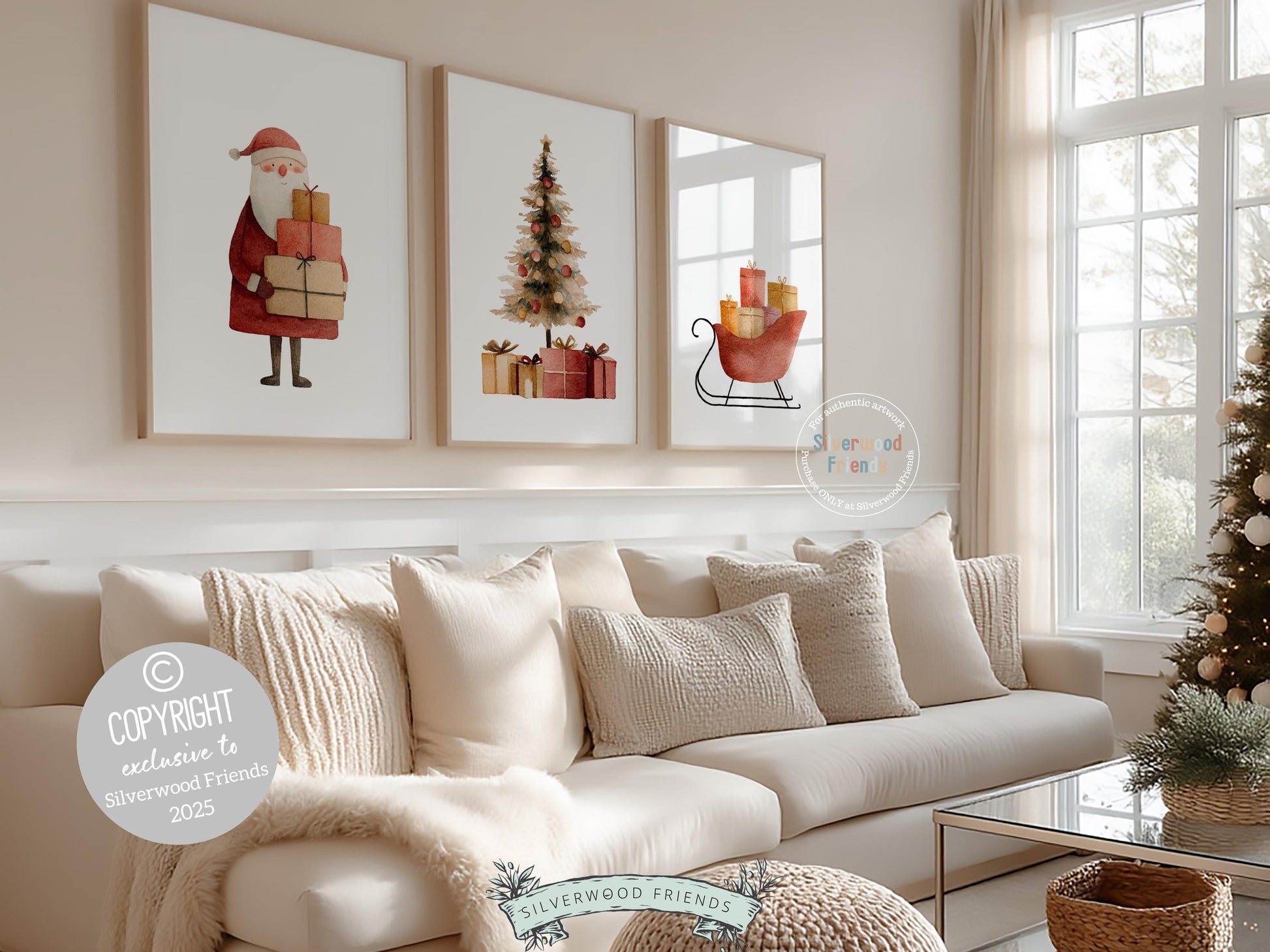 Set of 3 Christmas Prints, Watercolour Santa Sleigh Printable Wall Art, Festive Christmas Tree Holiday Decor Digital Print