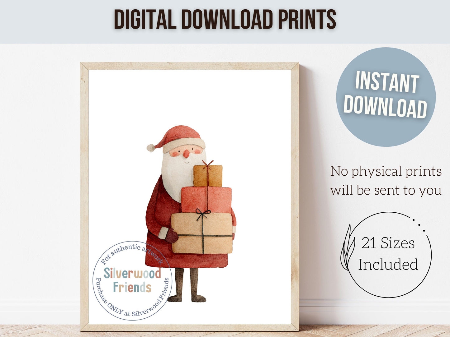 Set of 3 Christmas Prints, Watercolour Santa Sleigh Printable Wall Art, Festive Christmas Tree Holiday Decor Digital Print