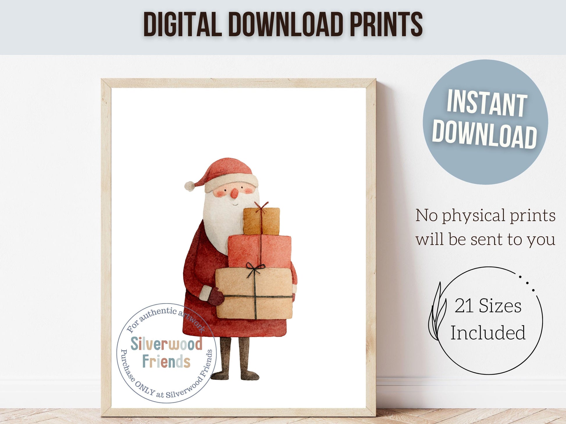 Set of 3 Christmas Prints, Watercolour Santa Sleigh Printable Wall Art, Festive Christmas Tree Holiday Decor Digital Print