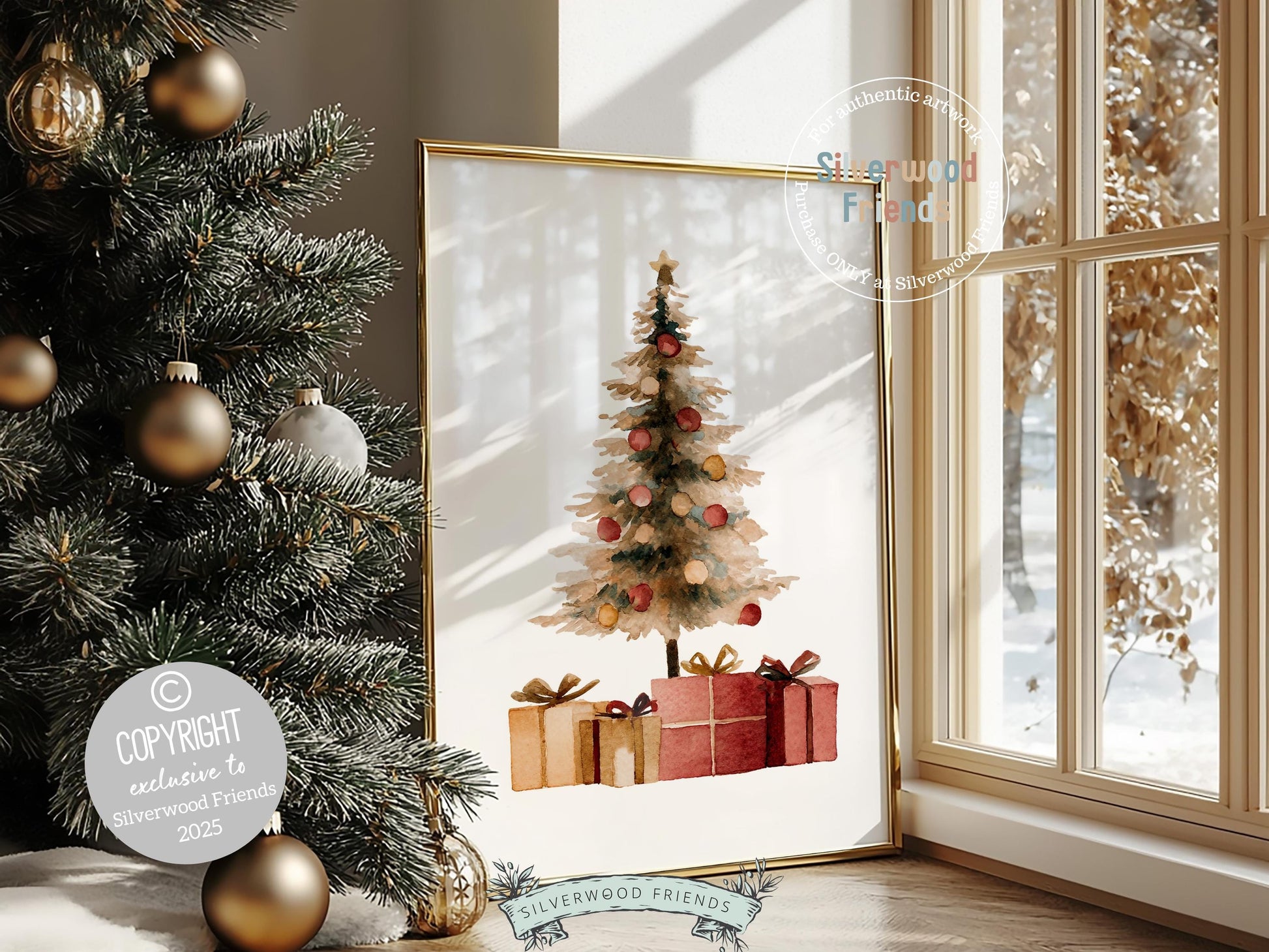 Set of 3 Christmas Prints, Watercolour Santa Sleigh Printable Wall Art, Festive Christmas Tree Holiday Decor Digital Print