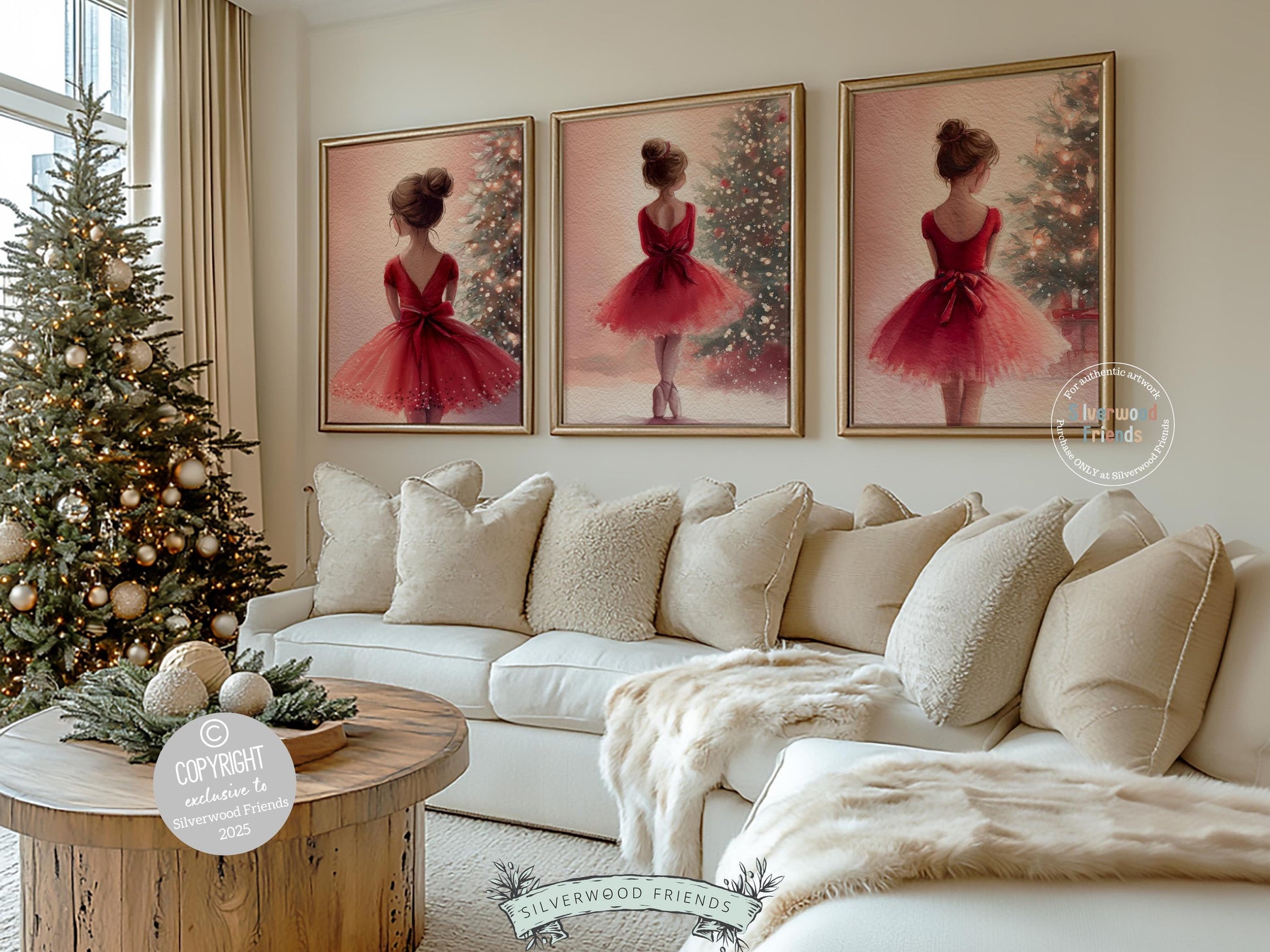 This nostalgic Set of 3 Christmas Nutcracker Prints features a soft watercolor ballerina in a red tutu standing gracefully in front of a festive Christmas tree. Designed for nurseries and cozy homes alike, this charming trio fills any space with warm Christmas magic and the timeless elegance of classic holiday ballet.