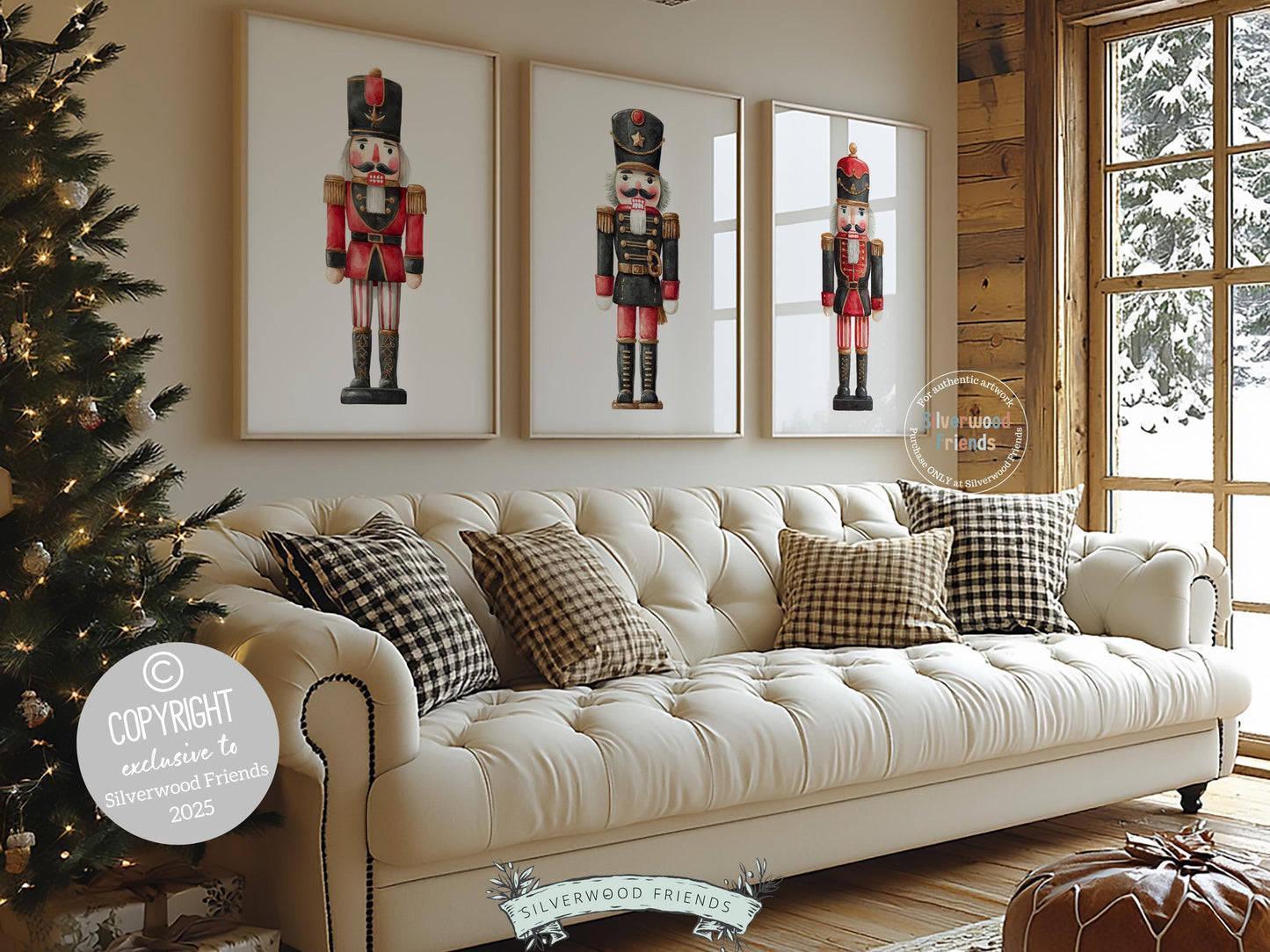 This nostalgic Set of 3 Christmas Nutcracker prints features classic watercolor toy soldiers standing proudly. Designed for nurseries and cozy homes alike, this charming trio brings warm Christmas magic and timeless storybook charm to any space.
