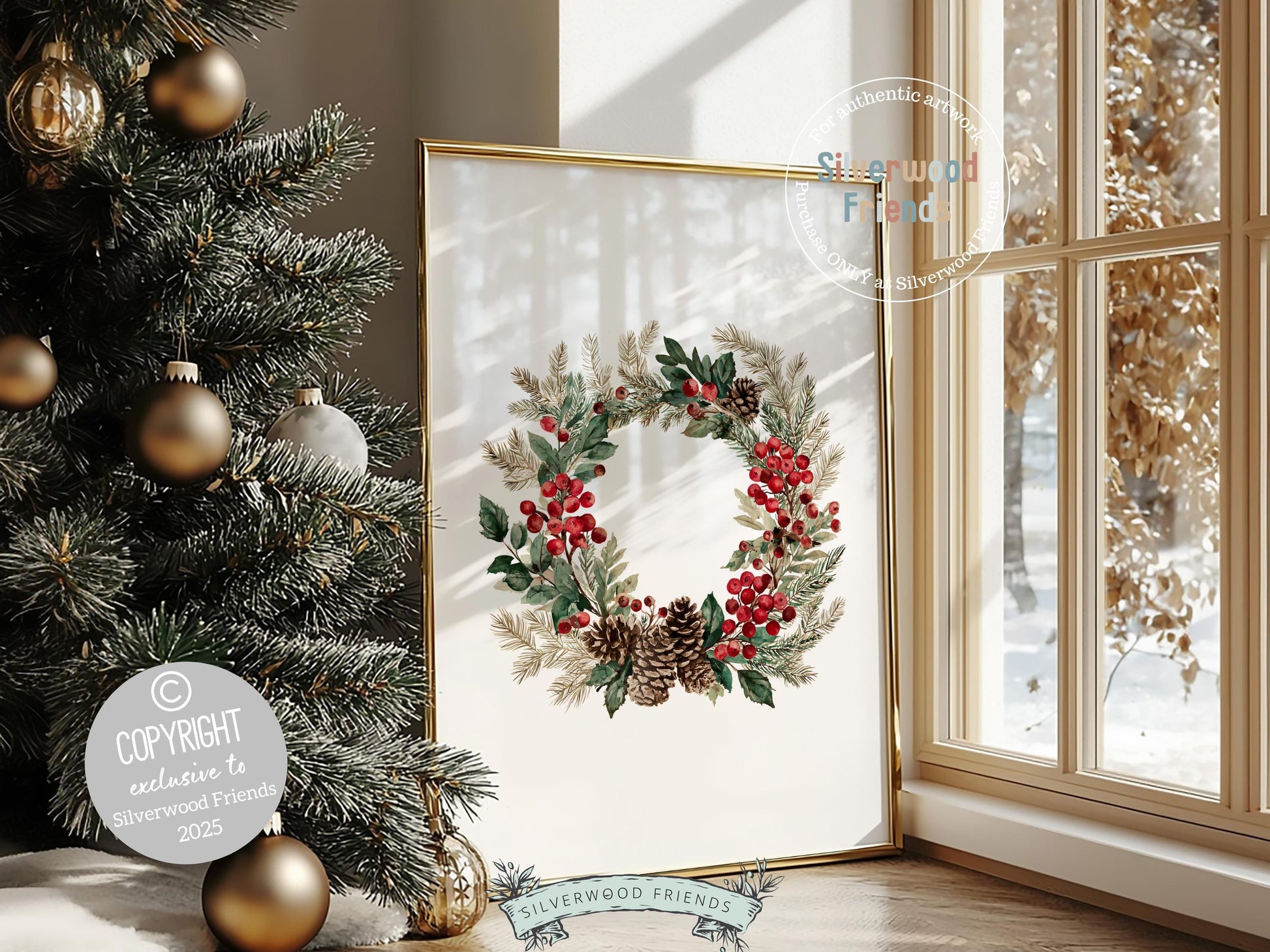 Set of 3 Vintage Christmas Prints, Christmas Wreath Printable Wall Art, Mistletoe Painting, Holiday Hosting Decorating Digital Print