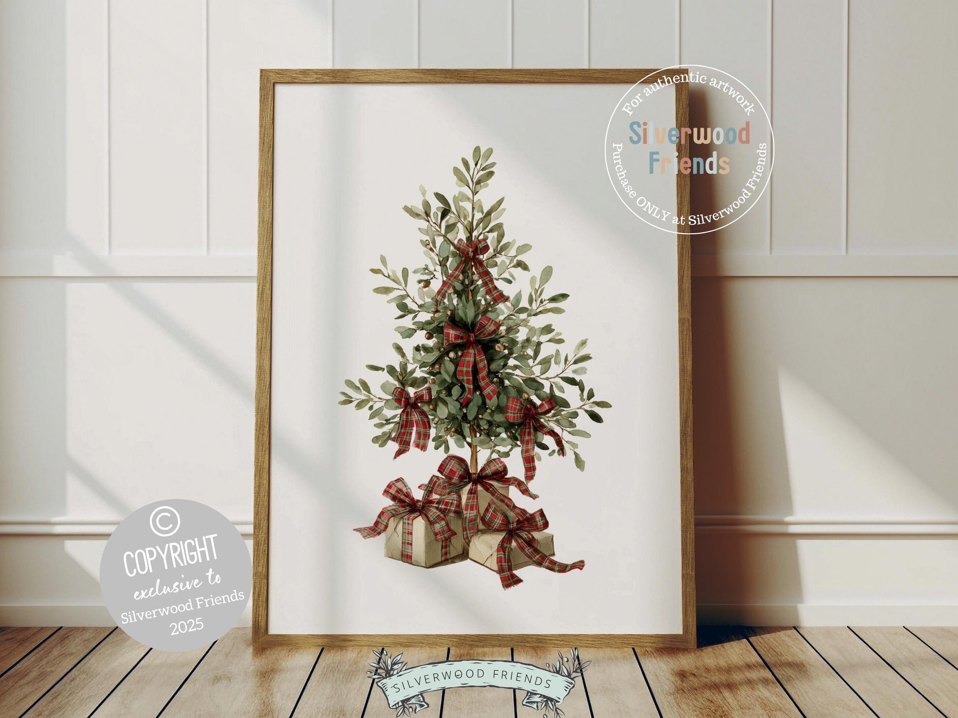 Set of 3 Vintage Christmas Prints, Christmas Tree Wreath Printable Wall Art, Mistletoe Painting, Holiday Hosting Decorating Digital Print