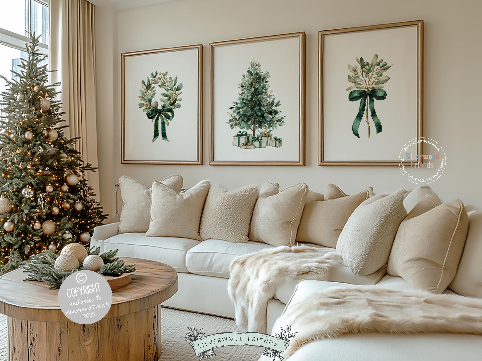 Set of 3 Vintage Christmas Prints, Emerald Green Festive Printable Wall Art, Mistletoe Painting, Christmas Tree Poster Digital Print