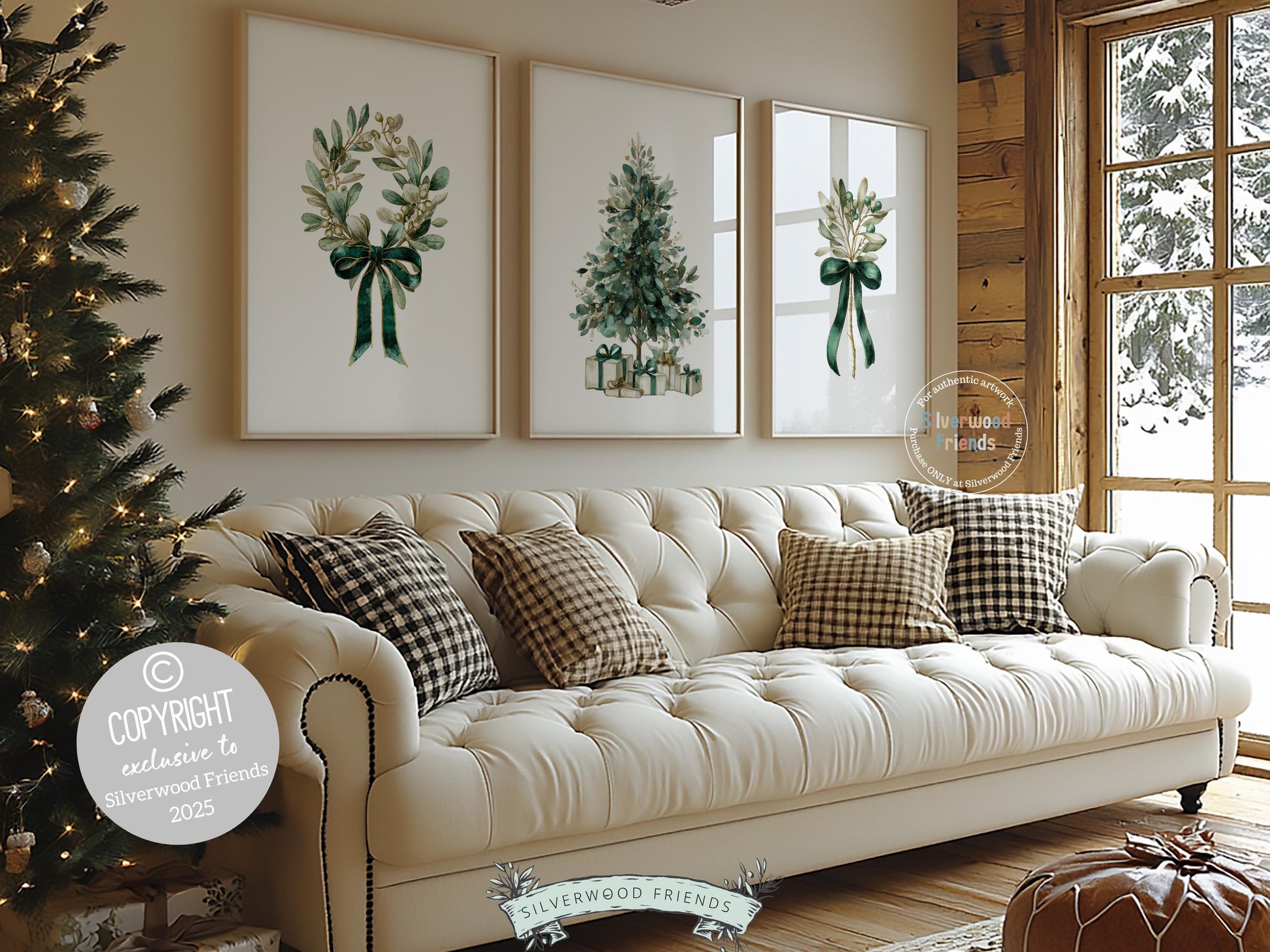 This nostalgic Set of 3 Christmas prints features a soft watercolor Christmas tree, a vintage-style holiday wreath, and a delicate mistletoe illustration in emerald ribbons. Designed for nurseries and cozy homes alike, this charming trio brings warm Christmas magic and the timeless glow of old-world holiday nostalgia to any space.