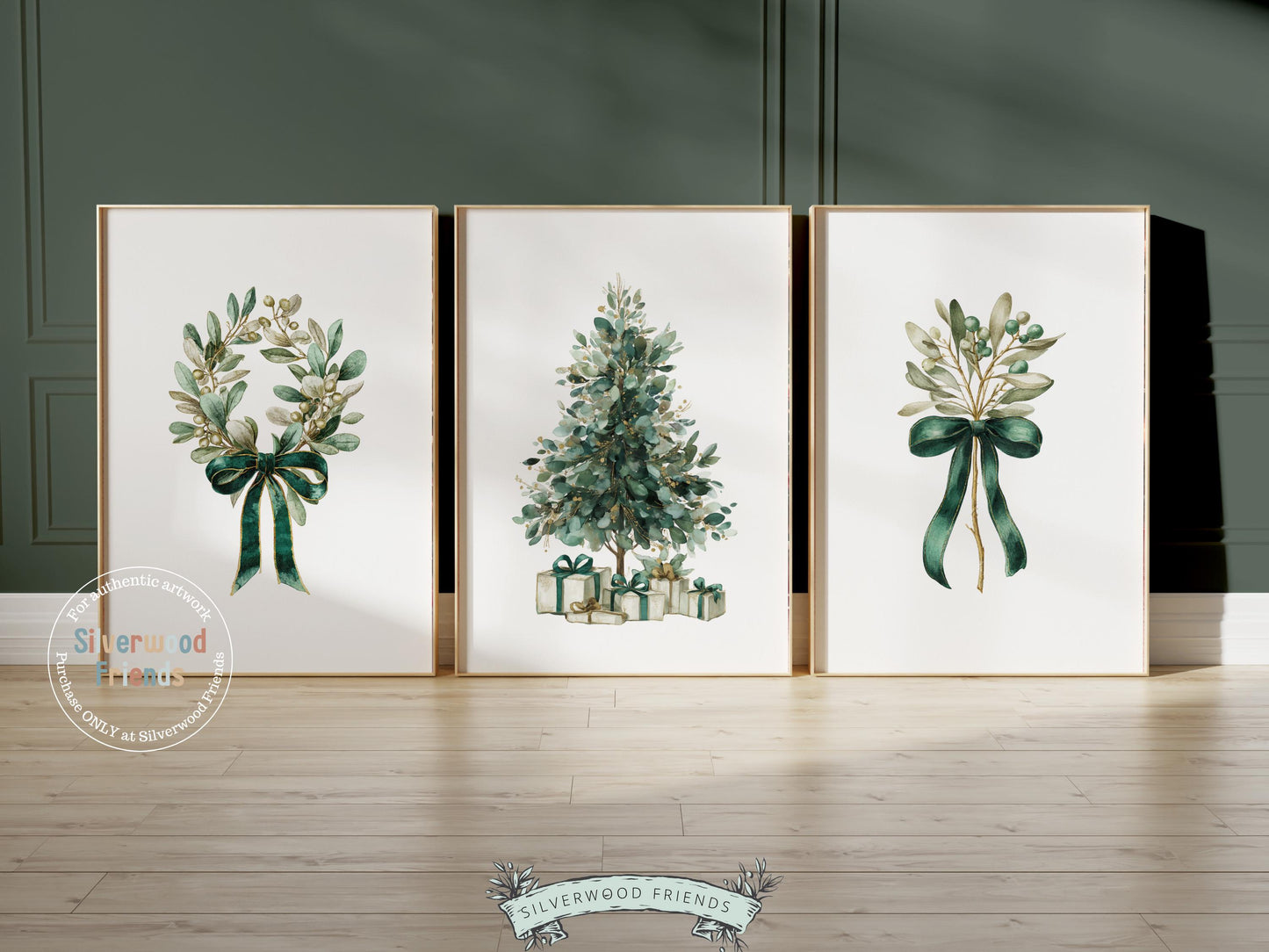 Set of 3 Vintage Christmas Prints, Emerald Green Festive Printable Wall Art, Mistletoe Painting, Christmas Tree Poster Digital Print