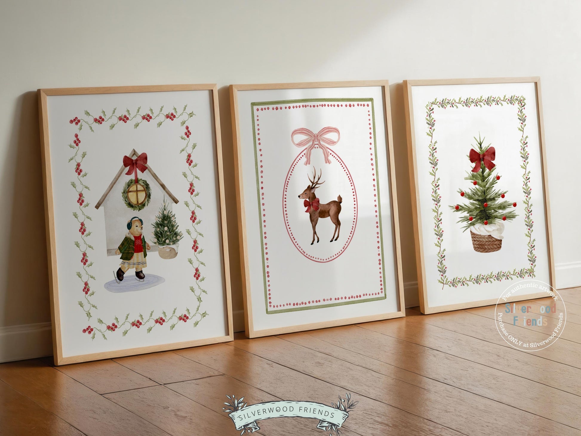 Set of 3 Christmas Holiday Prints, Pastel Coquette Bow Christmas Printable Wall Art Posters, Digital Download Print