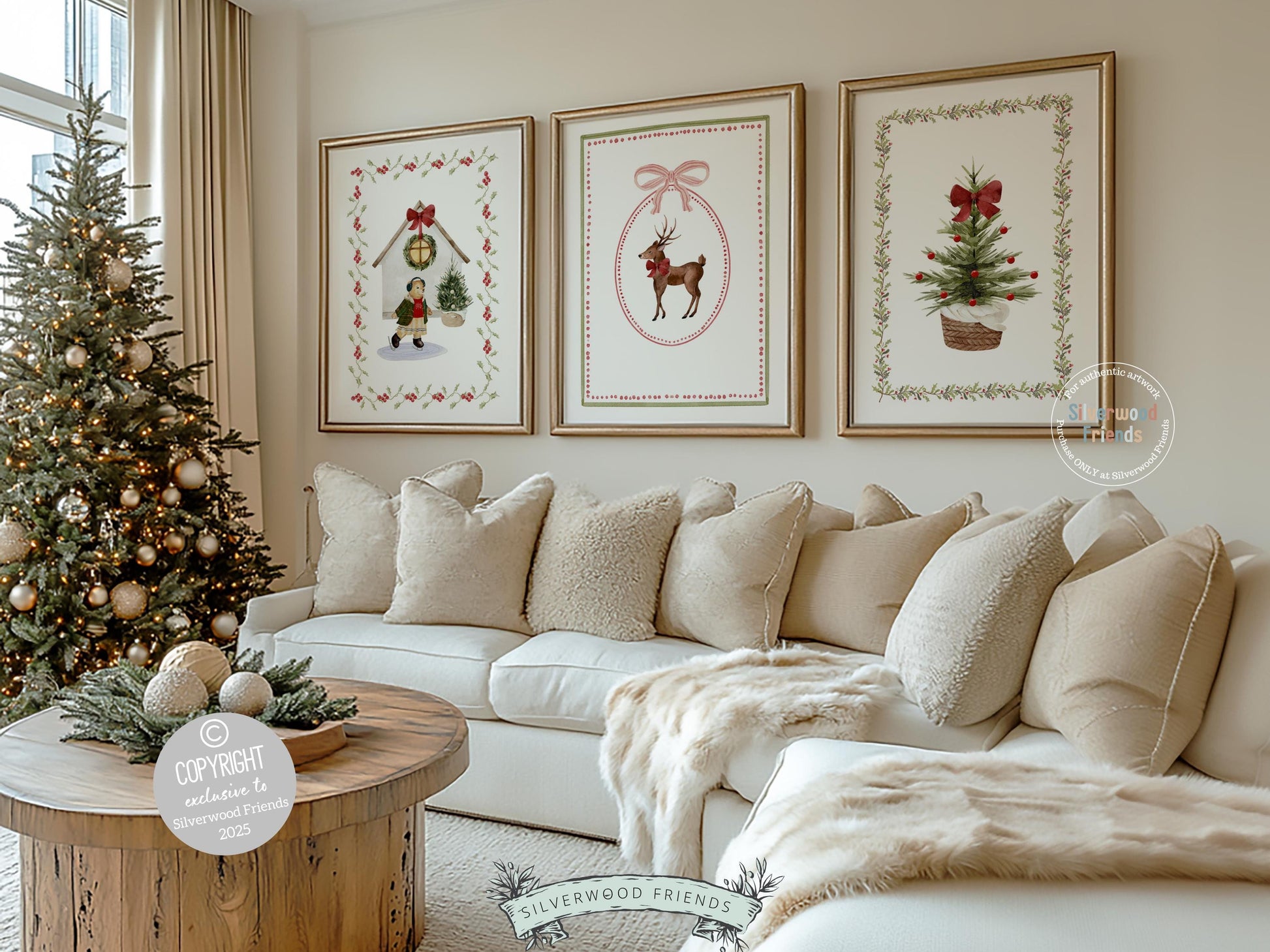 Set of 3 Christmas Holiday Prints, Pastel Coquette Bow Christmas Printable Wall Art Posters, Digital Download Print