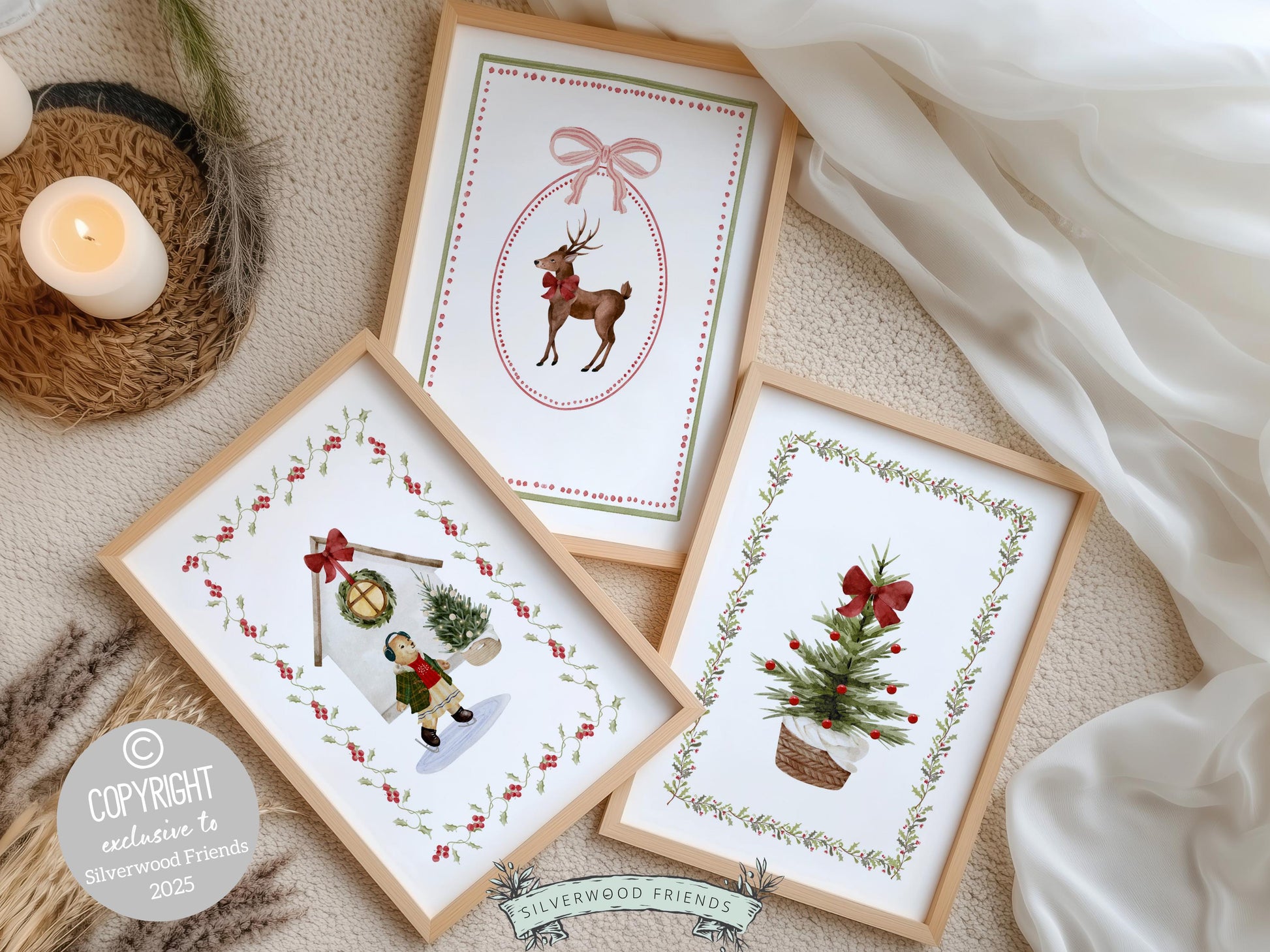Set of 3 Christmas Holiday Prints, Pastel Coquette Bow Christmas Printable Wall Art Posters, Digital Download Print