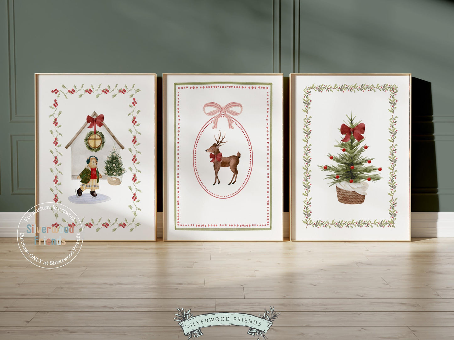 Set of 3 Christmas Holiday Prints, Pastel Coquette Bow Christmas Printable Wall Art Posters, Digital Download Print