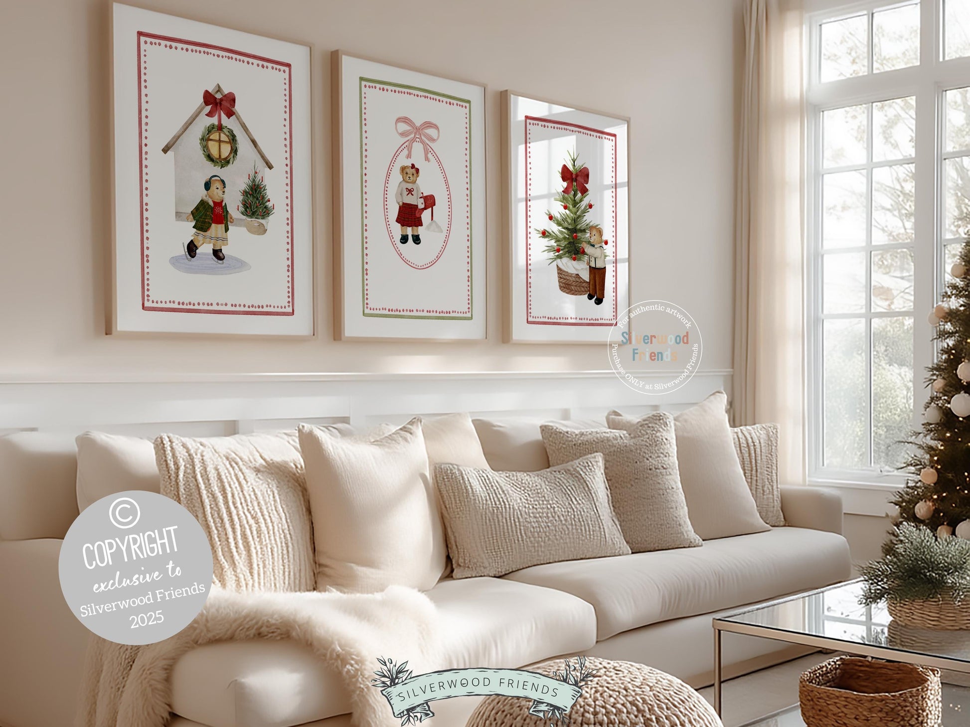 Set of 3 Christmas Holiday Prints, Kids Teddy Bear Christmas Printable Wall Art Posters, Festive Nursery Decor Digital Download Print